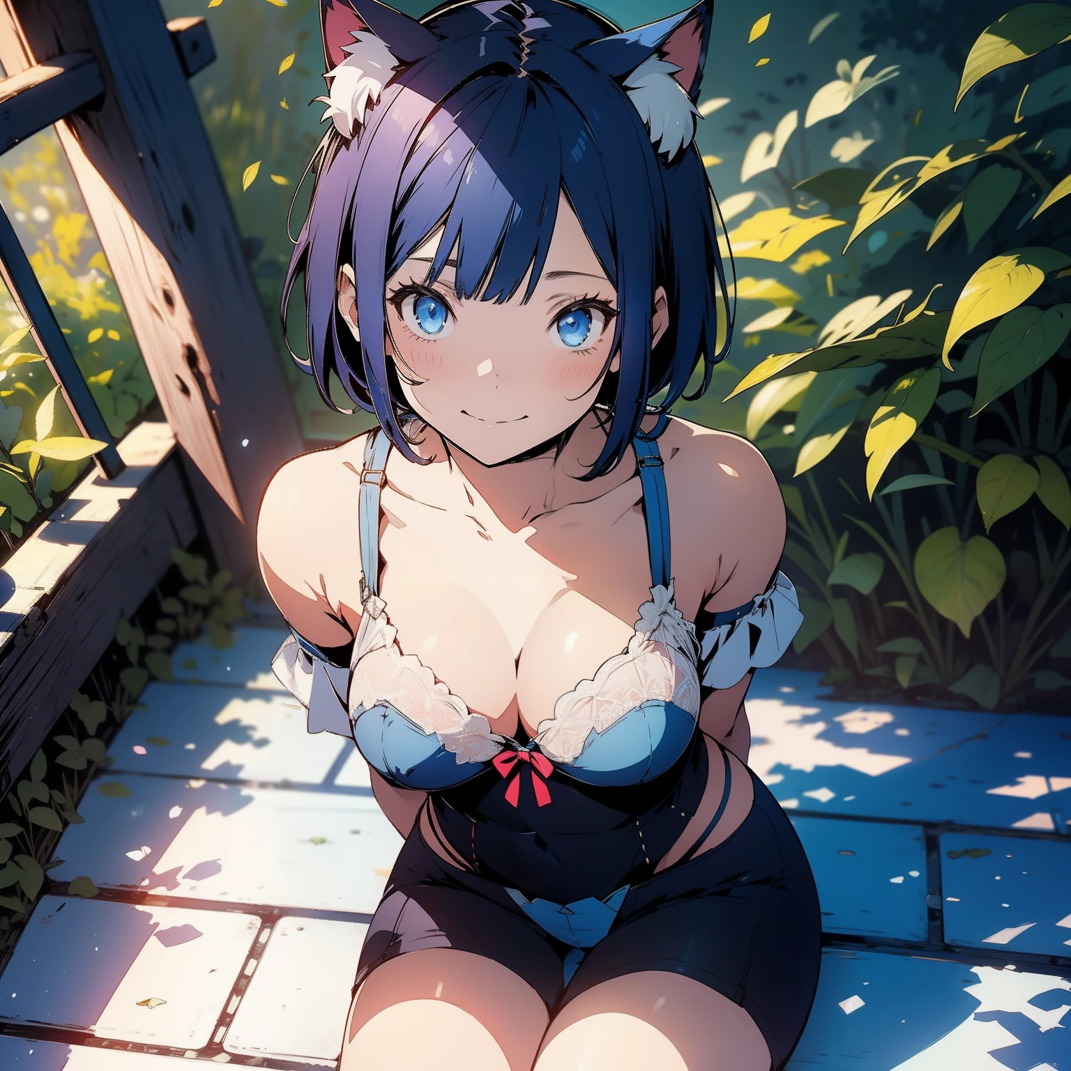 ((unity 8k wallpaper ,Top quality, masterpiece, high resolution, sitting on the ground, blushing, very delicate and beautiful, unbottoned shirt, cleveage, white bra showing, catgirl, anime style))((seductive smile)),1girl,full body,looking at viewer,from above,classroom,sunlight,clear sky,20years old,big round breasts, blue short hair, blue eyes