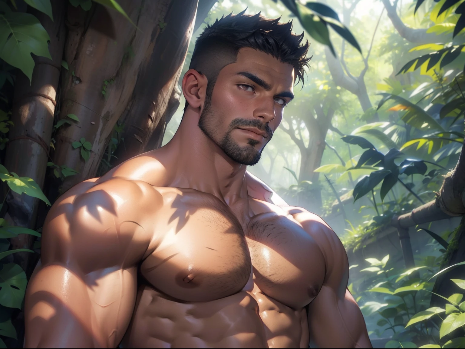 a mature daddy, crew cut, stubble, beautiful nature scenery, muscular, hunter, wearing tiger skin, hiding behind the bushes waiting for the prey, animal skin covering head, oily body, fully naked, naked only, Handsome face, eyes with brightness,The man looks confident and determined, full-body shot, short hair, well-tanned skin, tanned skin, darker skin