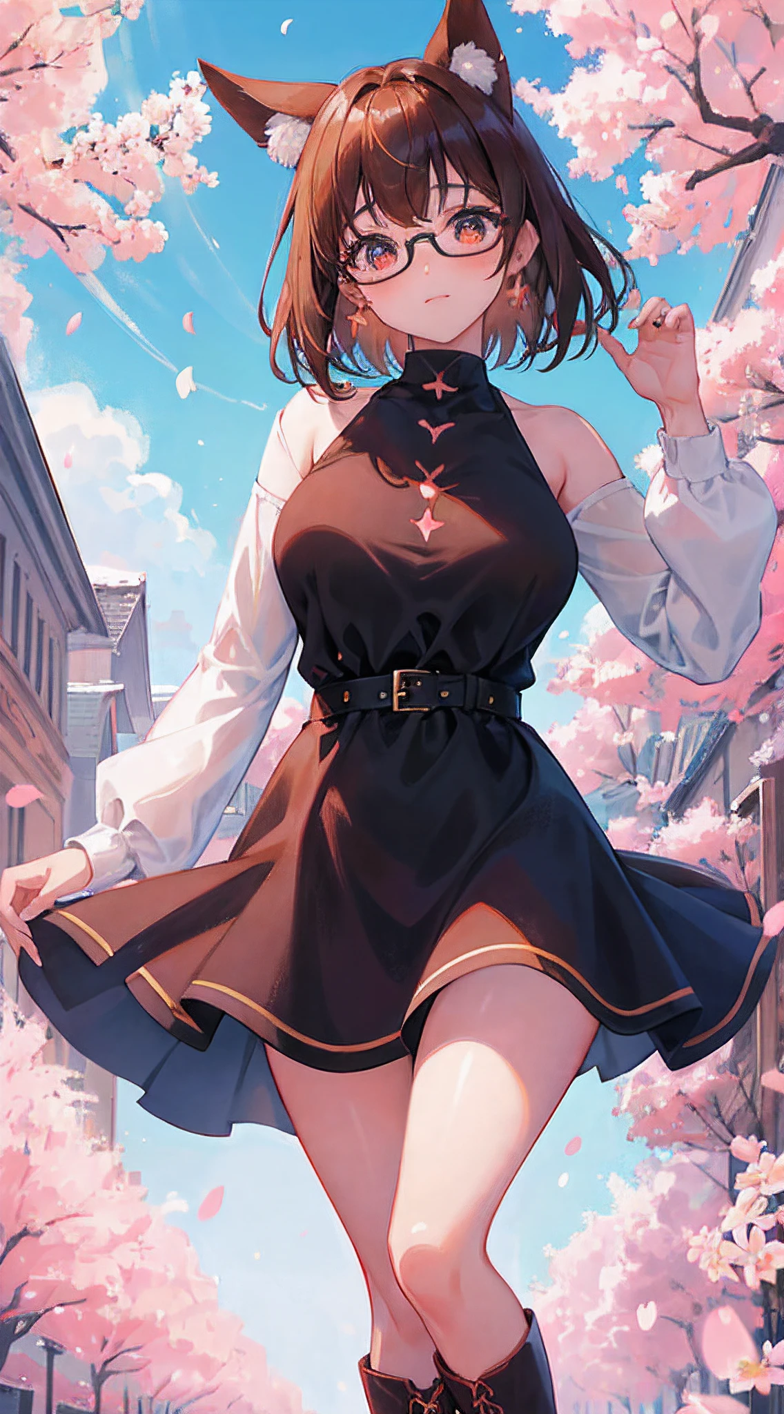 ultra detalhado, 1girl, best quality, filme ainda,, idol pose, head tilt, orelhas de raposa laranja ,Tinta na bochecha, coxas grandes, Botas, franja, use of glasses, roupas de inverno, encantado, Feliz, Vestido de luxo preto , mama normal, Beautiful girl, (pele brilhante:1.2), olhos castanhos, (pupilas espumantes), brown hair, short hair, elegante, vento, quebrar, campos de flores: Framing the scene with cherry blossom petals, flores de cerejeira ramos, vento, Landscape, anime