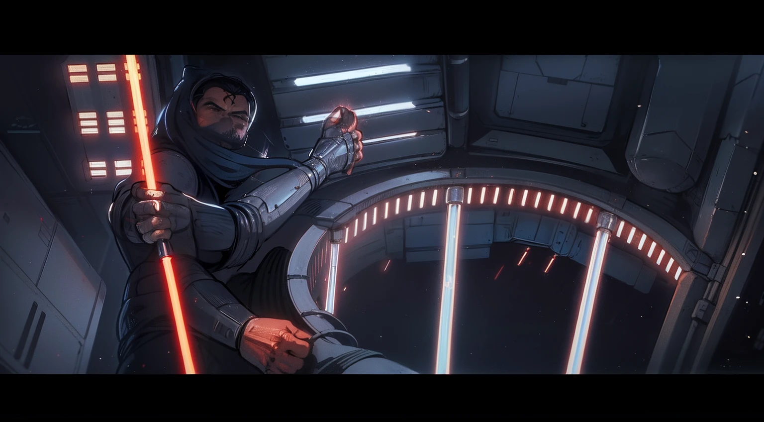arafed view of a man standing in a large space station, movie screenshot from star wars, from the phantom menace, ralph mcquarrie. centered image, still from star wars (1977), inspired by Ralph McQuarrie, iconic scene from star wars, iconic cinematography, ralph mcquarrie concept art, still from star wars