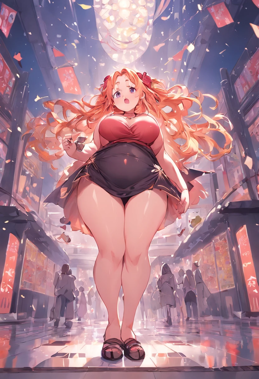 Fat woman, saggy big boobs, saggy belly, eating junk food,tight dress, large ass, 1girl,  fat shoulders, auburn long hair, masterpiece, best quality, shoes, full body, posing for a picture, beautifully color-coded, socks, scrunchbutt leggings white background, studio, looking away, covered by hood