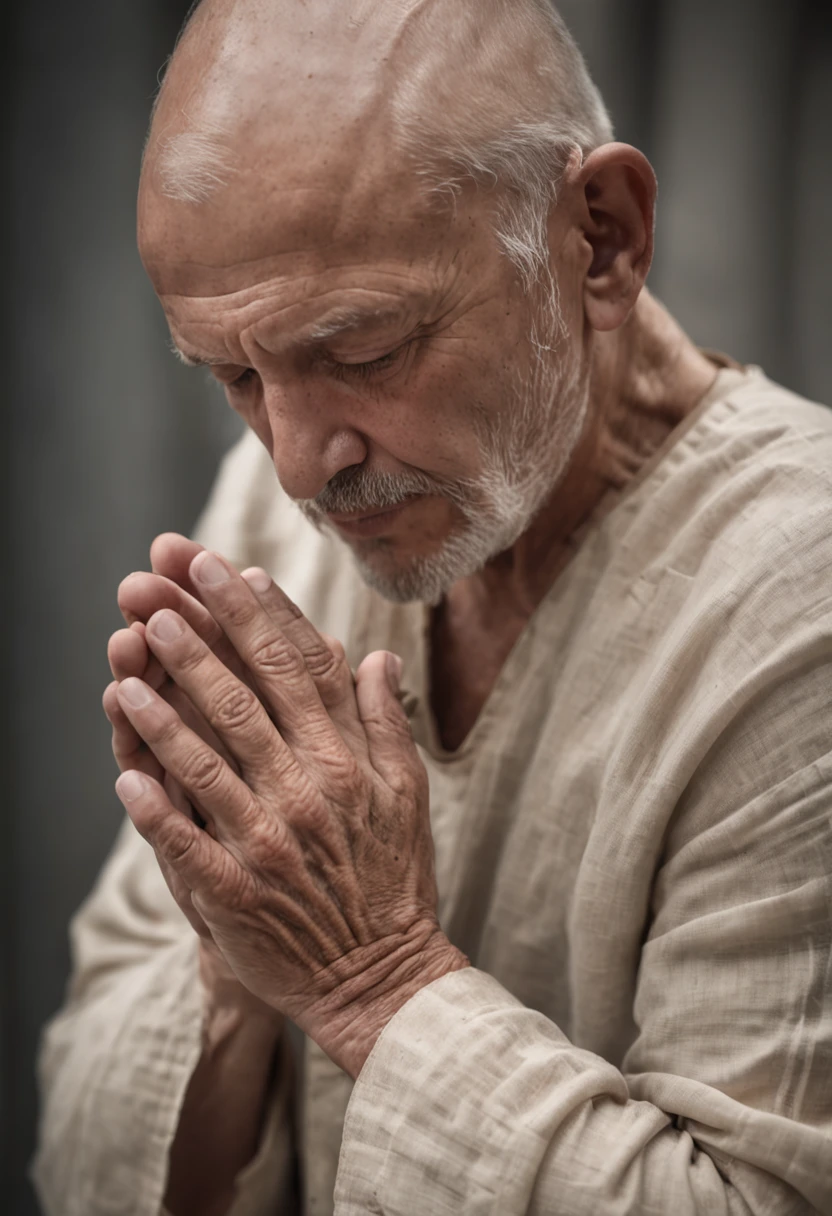 Imagine um homem de joelhos, with hands together in front of his chest, in a position of deep prayer. He has his eyes closed and his face expresses serenity and devotion. Describe the expression of peace on your face and the details of your entwined hands.