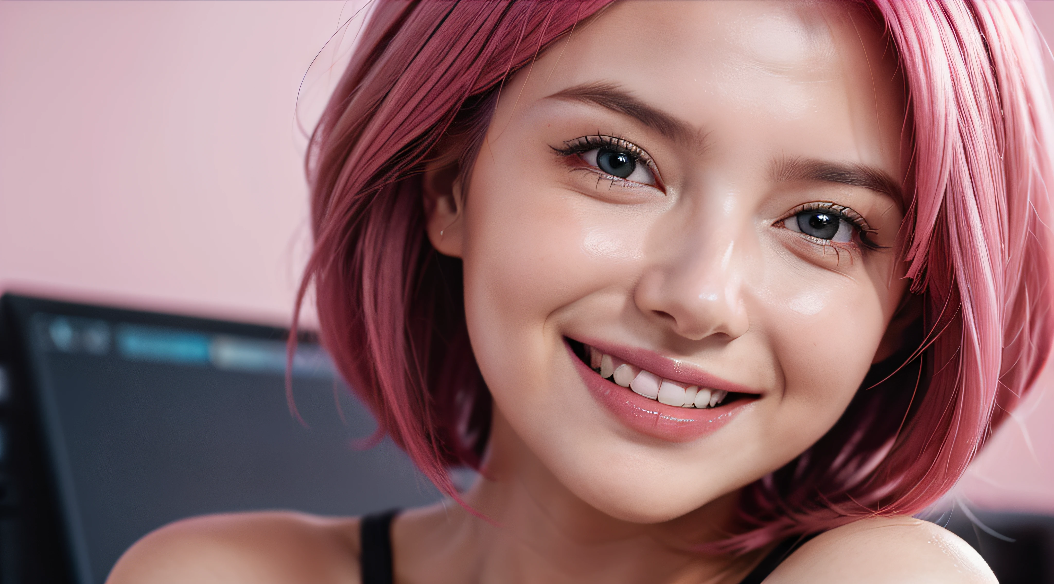 photo of a happy laughing woman ,super detailed smiling face, working on computer , cute girl , explaining , thinking, with short pink hair, jovana rikalo, young business woman, with pink hair, high quality portrait , aleksandra waliszewska