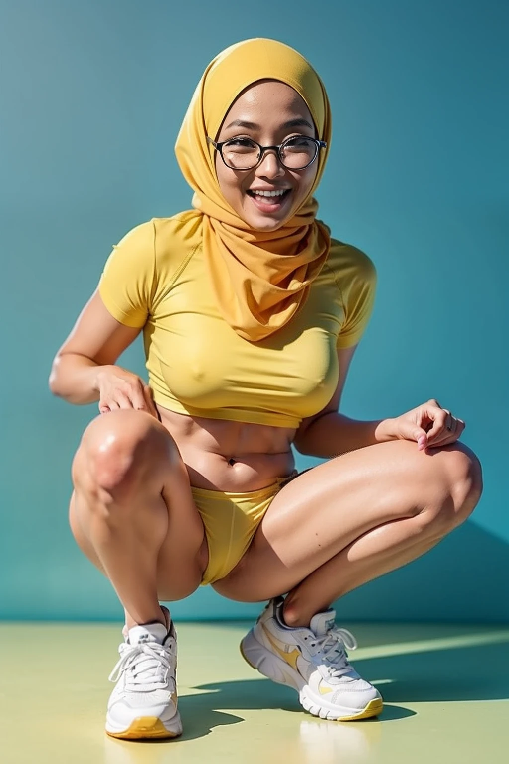 Sexy Malay woman naked and squat in front of a yellow and light blue background, squatting, white sneakers, laughing, glasses, hijab, medium breast, slim, small abs, wide waist,