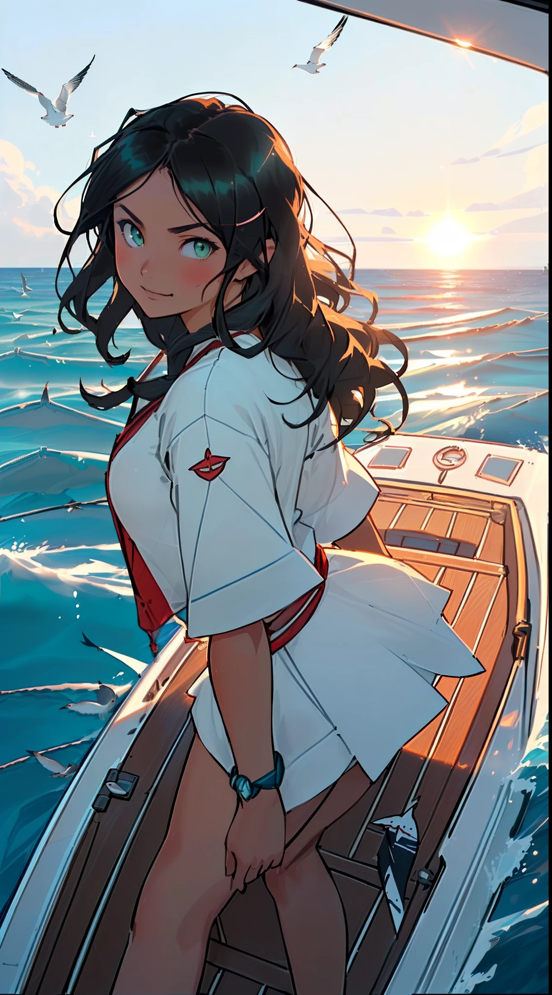 ((((((A young woman))), the anime, ( Green eyes), (black  hair), Nice face, ssmile, sports body, hairlong, Wavy Hair , (((morena))), ((tmasterpiece, beste-Qualit)), illustartion, Ультра деталпазированная 8k, Photorealistic, sharp-focus, higly detailed, Professional lighting, Cutter, deck, Relax on a speedboat, Boat at sea, Waves overboard, Seagulls in the sky, blue skies, Sun, letho, be behind the wheel of a boat, Steer the boat