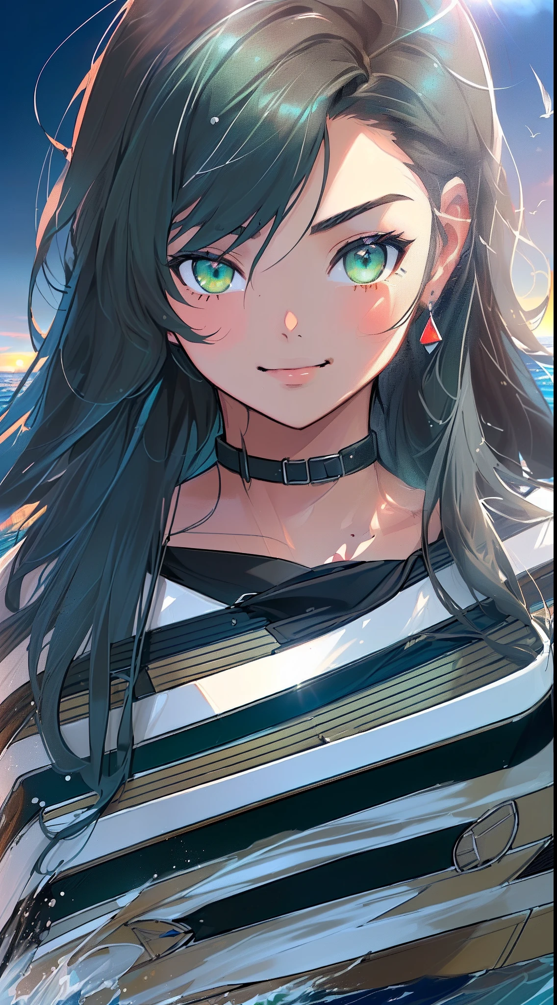 ((((((A young woman))), the anime, ( Green eyes), (black  hair), Nice face, ssmile, sports body, hairlong, Wavy Hair , (((morena))), ((tmasterpiece, beste-Qualit)), illustartion, Ультра деталпазированная 8k, Photorealistic, sharp-focus, higly detailed, Professional lighting, Cutter, deck, Relax on a speedboat, Boat at sea, Waves overboard, Seagulls in the sky, blue skies, Sun, letho, Being behind the wheel of a boat, Take control of the boat