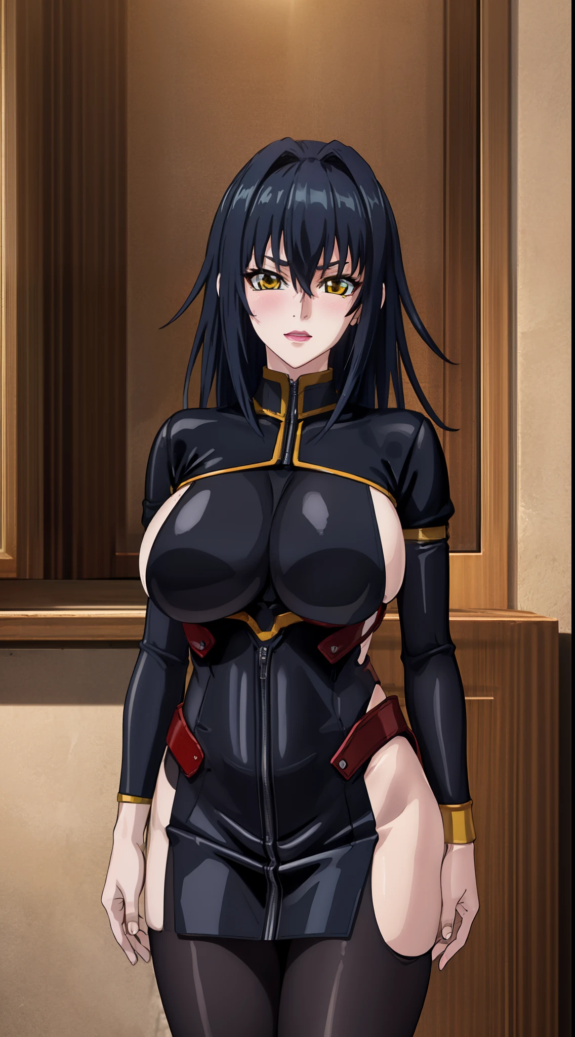 professional artwork, Intricate Details, sharp focus, detailed painting, photorealistic lighting, trending on pixiv, Standing at attention, ((black outfit ,yellow collared shirt,black and red bodysuit,skin_tight,black legwear, black pantyhose, Side_boob)), (((fully suited:1.5))) black hair,very long hair, Bangs,yellow eyes,makeup, lipstick, 40yo,mature female,Beautiful Finger,Beautiful long legs,Beautiful body,Beautiful Nose,Beautiful character design, perfect eyes detail, perfect face, looking at viewer,official art,extremely detailed CG unity, perfect lighting,Colorful, Bright_Front_face_Lighting, (masterpiece:1.0),(best_quality:1.0), ultra high res,ultra-detailed, photography, 8K, HDR, highres, absurdres:1.2, Kodak portra 400, film grain, blurry background, bokeh:1.2, lens flare, (vibrant_color:1.2) (Beautiful,large_Breasts:1.4), (beautiful_face:1.5),(narrow_waist), (solo:1.4), ((cowboy shot:1.4)), annerose:1, (super blushing, super shy, tsundere:1),