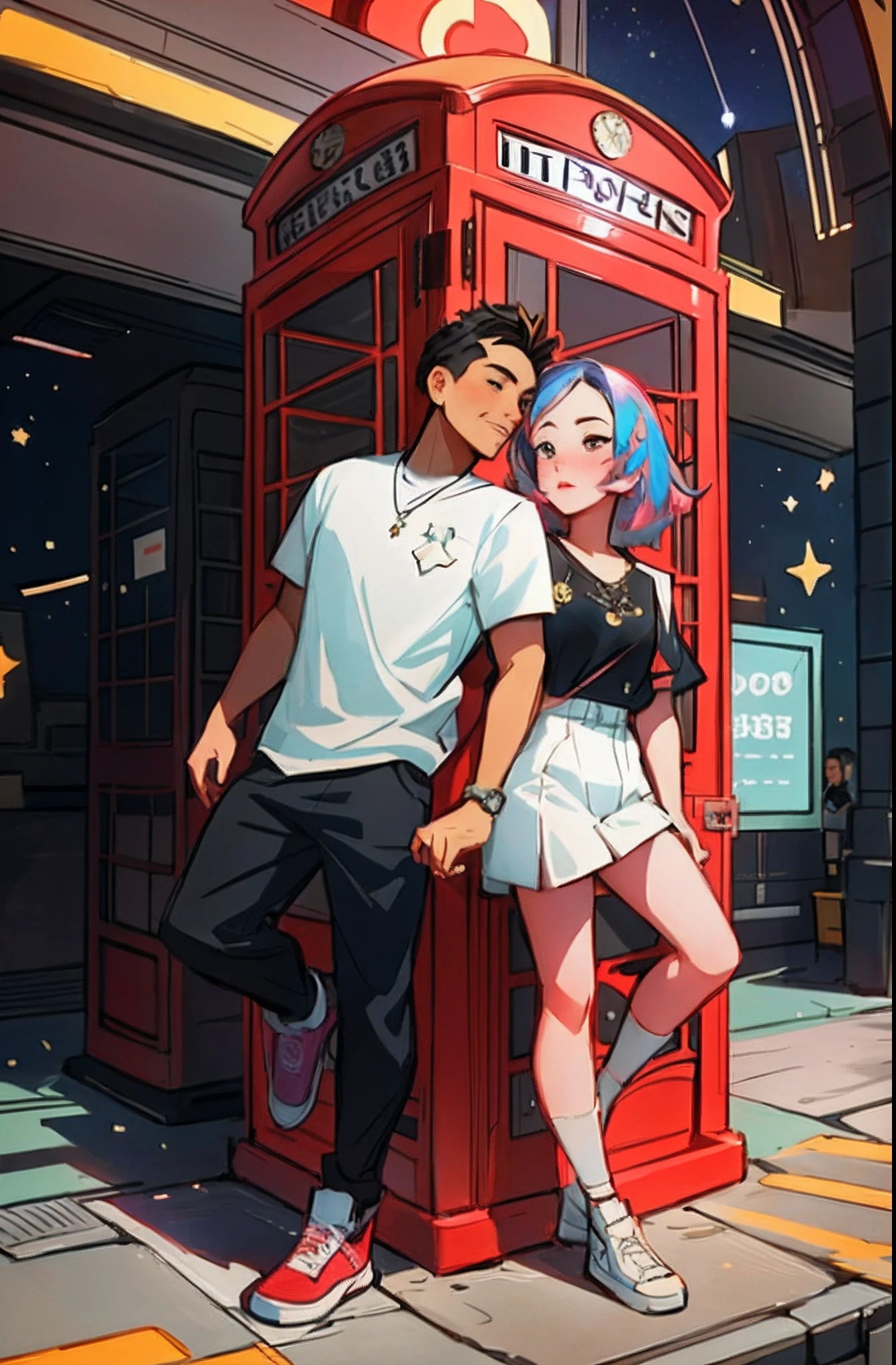 cartoon illustration of a man and woman standing in front of a phone booth, loish and ross tran, ross tran and ilya kuvshinov, ross tran and bayard wu, artwork in the style of guweiz, trending on artstration, anime style illustration, detailed fanart, jin shan and ross tran, loish art style, ross tran style, cute artwork