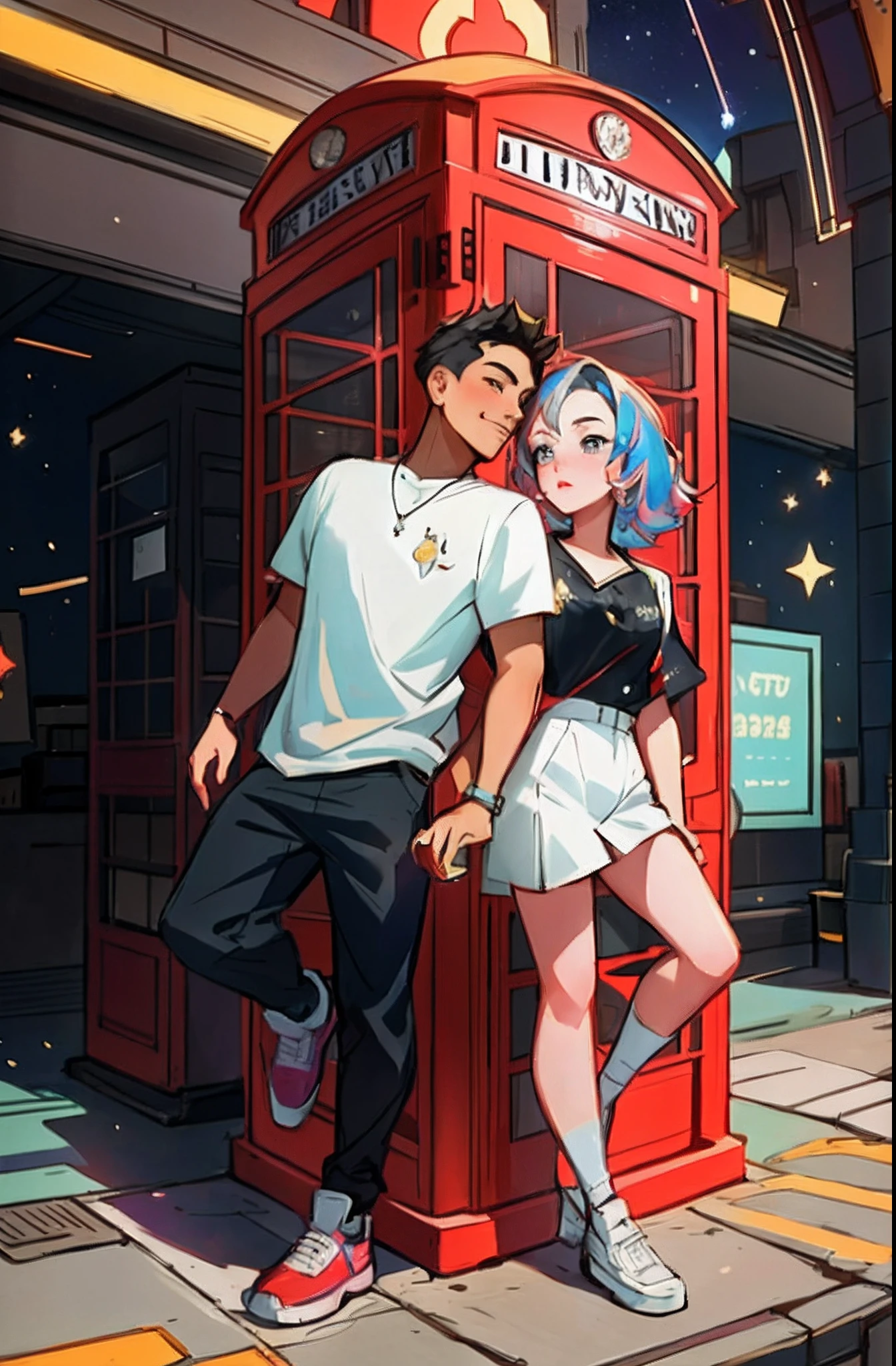 cartoon illustration of a man and woman standing in front of a phone booth, loish and ross tran, ross tran and ilya kuvshinov, ross tran and bayard wu, artwork in the style of guweiz, trending on artstration, anime style illustration, detailed fanart, jin shan and ross tran, loish art style, ross tran style, cute artwork