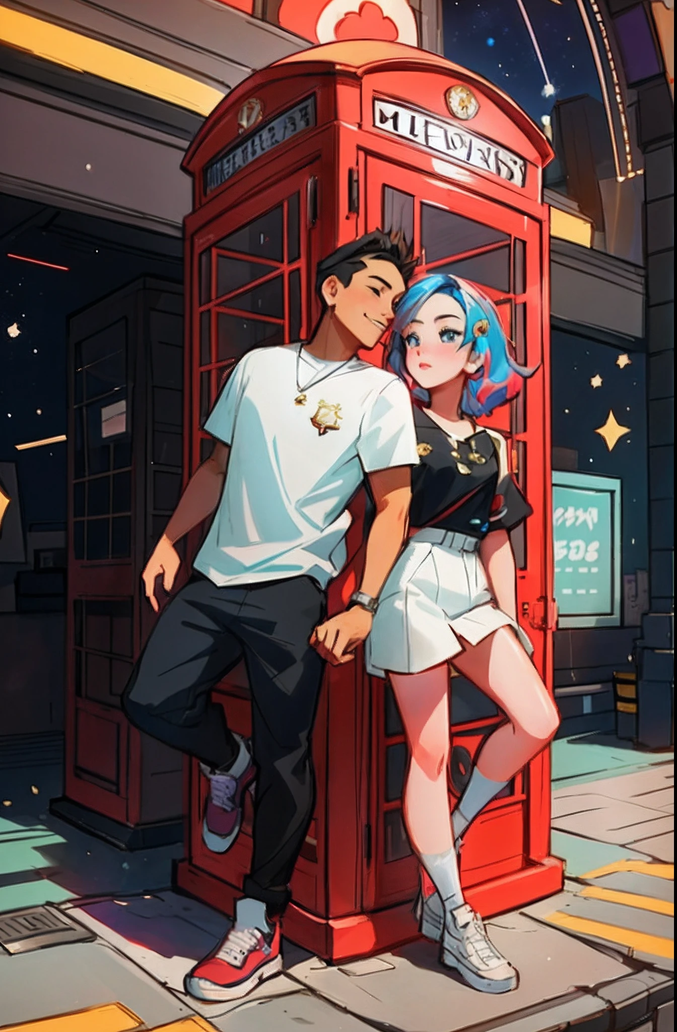 cartoon illustration of a man and woman standing in front of a phone booth, loish and ross tran, ross tran and ilya kuvshinov, ross tran and bayard wu, artwork in the style of guweiz, trending on artstration, anime style illustration, detailed fanart, jin shan and ross tran, loish art style, ross tran style, cute artwork
