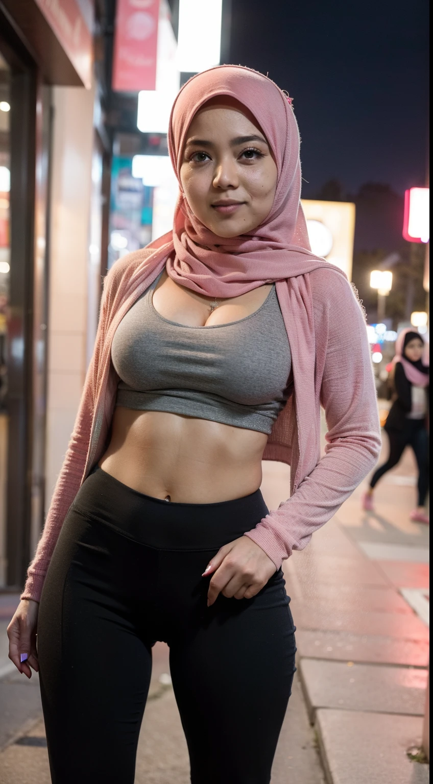 mira filzah sexy seducing pose, nighttime city, (mira filzah:1.3), wearing hijab, pastel color hijab, pink , small tits, small breast, flat chest, wide waist, thick thighs bright lighting, big round ass, matured face, slim abs,