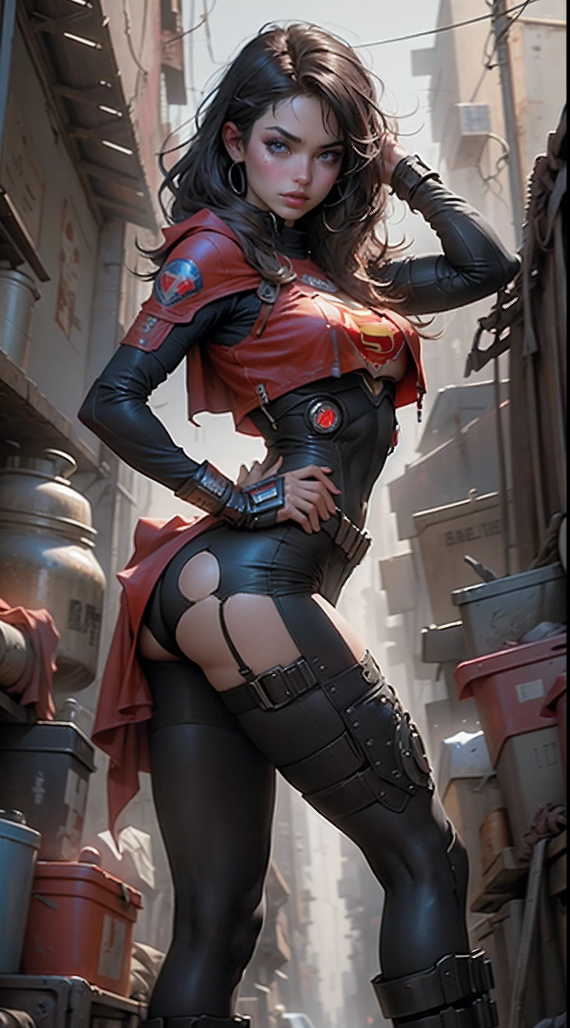 motor irreal:1.4,CG ultra realista 64K, big boobs, big tits, fotorrealista:1.4, textura de la piel:1.4, obra maestra:1.4,posing behind Hermosa mujer Usando un disfraz sexy de Supergirl, cabello rubio y rubio, ojos azules, ropa interior, traje de super cyberpunk .red Lingerie,pantyhose, caderas anchas,An apocalyptic city of fire, mostrando vientre plano,Minifalda roja, ,hermosas manos finas,