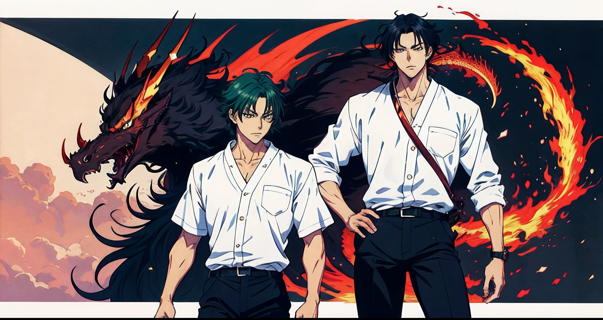 Black anime man in a white shirt and black pants standing in front of a red dragon, cara bonito na arte demon slayer, handsome japanese demon boy, badass anime 8 k, 4 k manga wallpaper, Kentaro Miura Arte, Deus masculino bonito da morte, Kentaro Miura estilo de arte, homem bonito anime, pose de anime bonito, Kazuya Tsurumaki