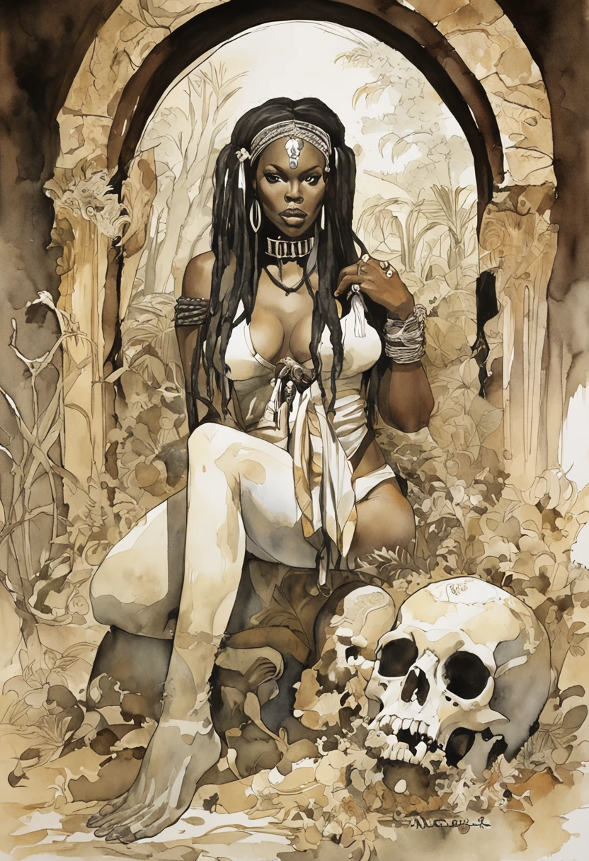 ((masterpiece:1.4, best quality:1.2)), a voodoo priestess, swamp, dreadlocks, skulls, artwork portrait, adam hughes, sexy, erotic.