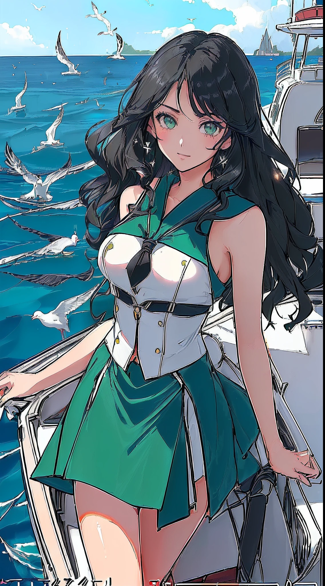 ((((((A young woman))), the anime, ( Green eyes), (black  hair), Nice face, ssmile, sports body, hairlong, Wavy Hair , (((morena))), ((tmasterpiece, beste-Qualit)), illustartion, Ультра деталпазированная 8k, Photorealistic, sharp-focus, higly detailed, Professional lighting, Cutter, deck, Relax on a speedboat, Boat at sea, Waves overboard, Seagulls in the sky, blue skies, Sun, letho, Being behind the wheel of a boat, Take control of the boat