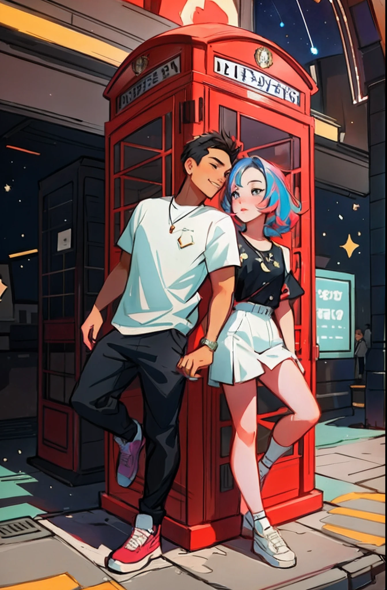 cartoon illustration of a man and woman standing in front of a phone booth, loish and ross tran, ross tran and ilya kuvshinov, ross tran and bayard wu, artwork in the style of guweiz, trending on artstration, anime style illustration, detailed fanart, jin shan and ross tran, loish art style, ross tran style, cute artwork