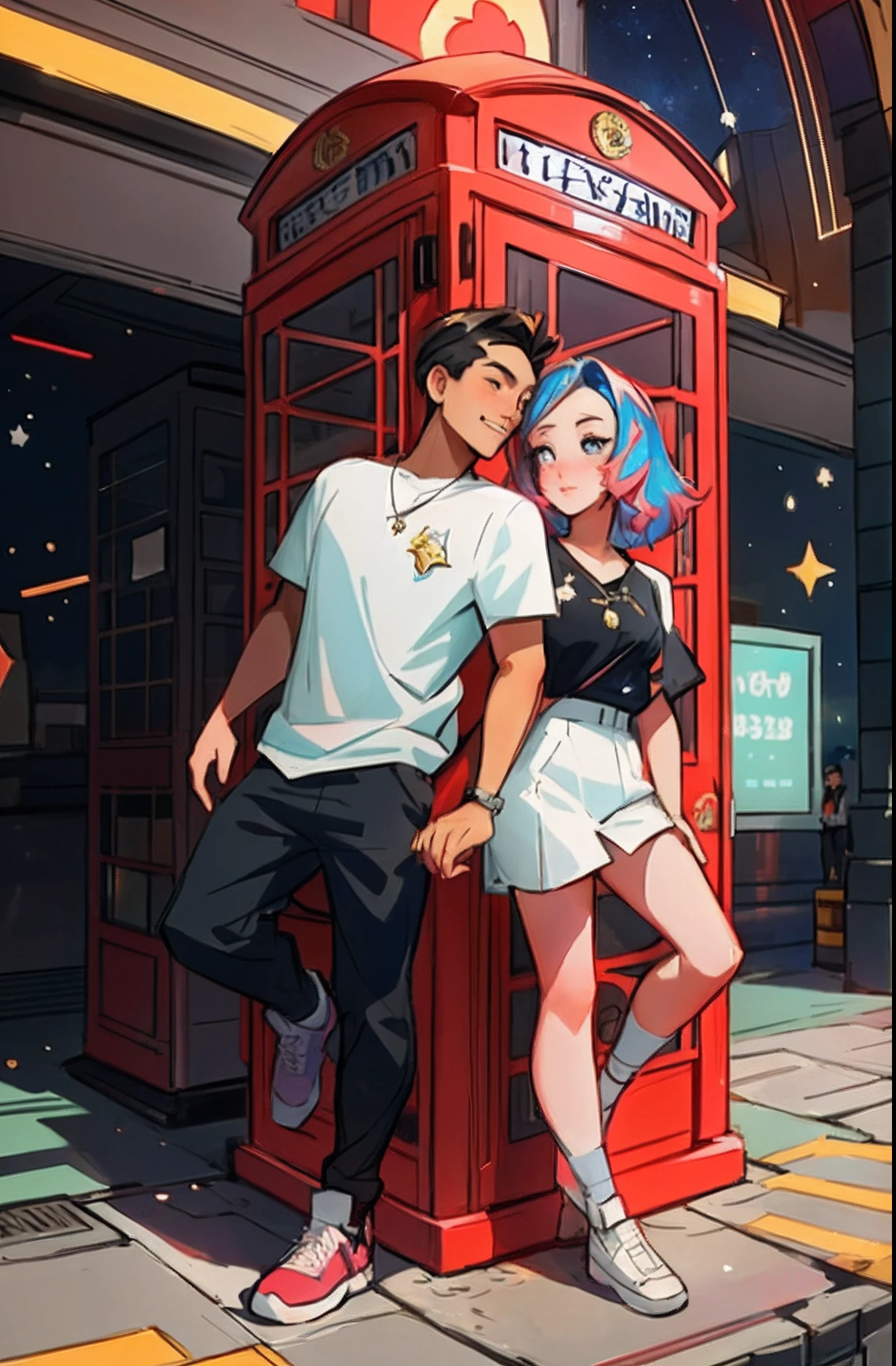 cartoon illustration of a man and woman standing in front of a phone booth, loish and ross tran, ross tran and ilya kuvshinov, ross tran and bayard wu, artwork in the style of guweiz, trending on artstration, anime style illustration, detailed fanart, jin shan and ross tran, loish art style, ross tran style, cute artwork