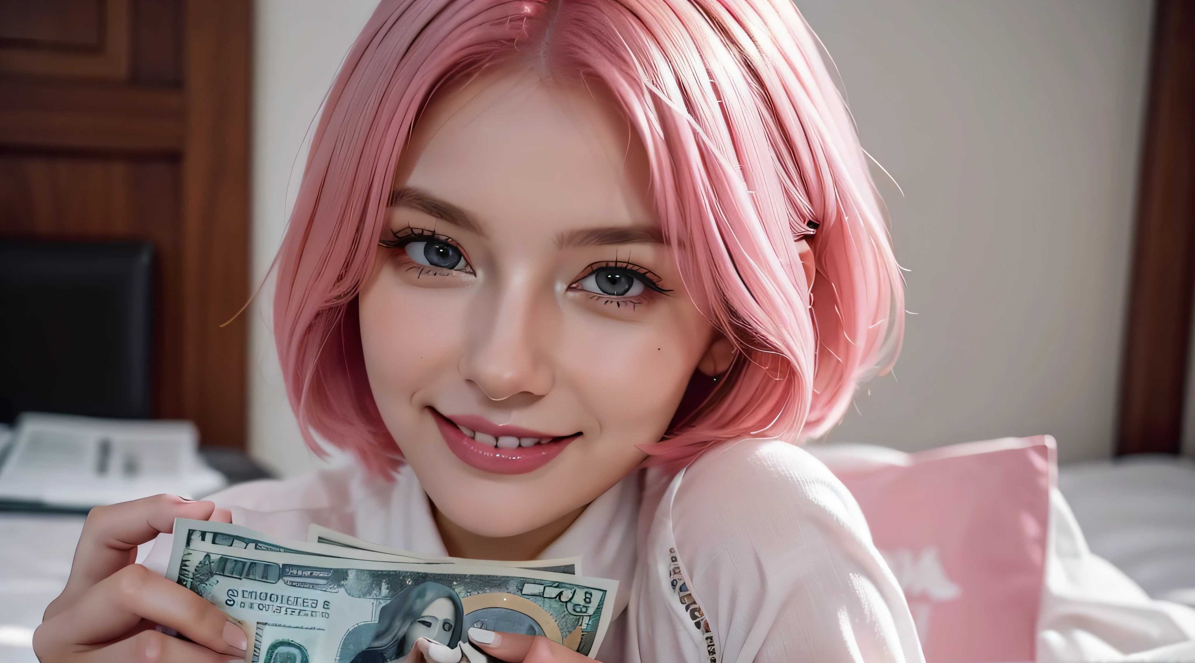photo of a rich businesswoman ,super detailed smiling face, surrounded with dollar bills , cute girl , explaining , thinking, with short pink hair, jovana rikalo, young business woman, with pink hair, high quality portrait , aleksandra waliszewska