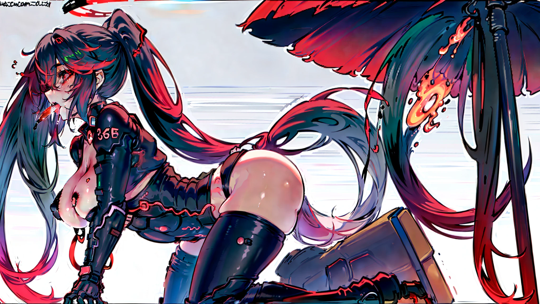 Anime girl lying on table, Beautiful anime girl kneeling with open legs, Biomechanical OPPAI, Sexy pudica pose gesture, seductive anime girls, with index finger, the anime girl is crouching, an oppai cyberpunk, hajime yatate, rogue anime girl ayanami rei, ryuko matoi, sexyposture, konachan，Exhale the mist，Stick out her tongue，Mermaid line，musculature，Ambiguous eyes，High-fork panties，Be red in the face，huge tit，over knee socks，open open mouth，Stick out her tongue， dropping saliva，White popsicles，Melted popsicles，Hair tied up，Long tongue，Single horsetail，The melted popsicle falls on the chest，Excitation，Rub your chest with your right hand，Plenty of liquid，White liquid，Floating popsicles，Suck on popsicles，looking at viewert，love heart，Throw a wink，Lick gently，Camel toes，Half-off coat，Oral sex，Popsicles in his mouth，Semi-closed Eyes，Abs，musculature，Sunburn，Brown skin，Popsicle pointed to panties，Put popsicles in it，Hold your butt with your left hand，Thick and long popsicles，Openwork panties，Top crotch，Fork the legs，without wearing shoes，Mesh socks，Excretion of breast milk，yogurt，Yogurt comes out of the mouth，Yogurt flows from the inside，A small amount of belly yogurt，Lower breast，Excrete yogurt，Get wet，leg loops，Yogurt flows from the butt，Jet yogurt，The halo，Lunette de soleil，black long boots，Deep orange glowing eyes，coda，milk，Show your ass