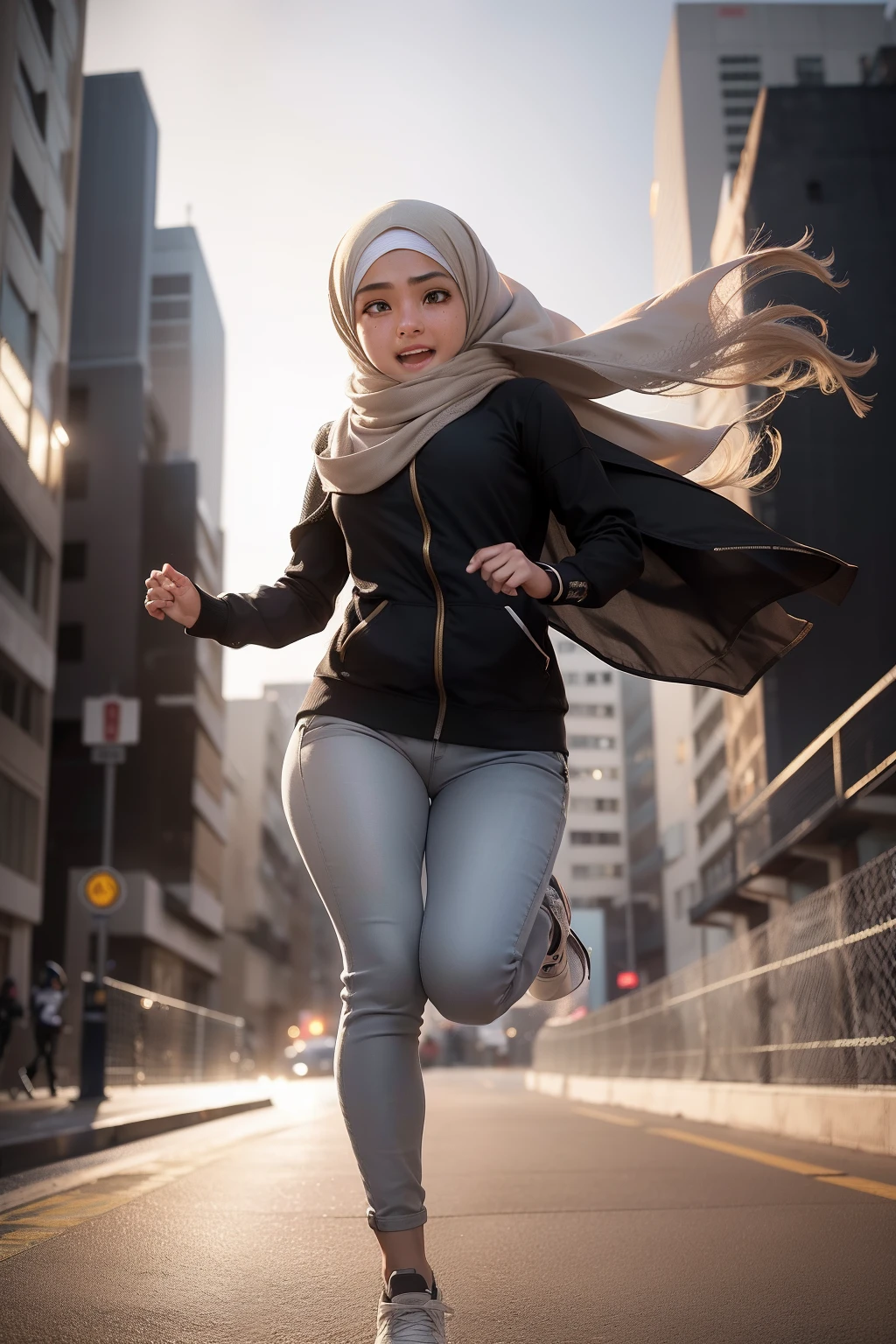 Portrait photo of a young malay girl, (laughing:0.7), (mira filzah face), malaysian, look at a camera, full body,  black hijab, yellow hoodie sweater and jeans, complex city background, backlit, (cinematic:1.5), epic realistic, hyperdetailed, detailed skin texture, mole below eye, insane details, intricate details, accent lighting, soft volumetric light, bokeh, (dramatic light:1.2), (neutral colors:1.3), cross process, night background, portraying the motion and grace of running, showing the wind blowing her hijab, fluid movement, capturing the essence of her athleticism and energy, running