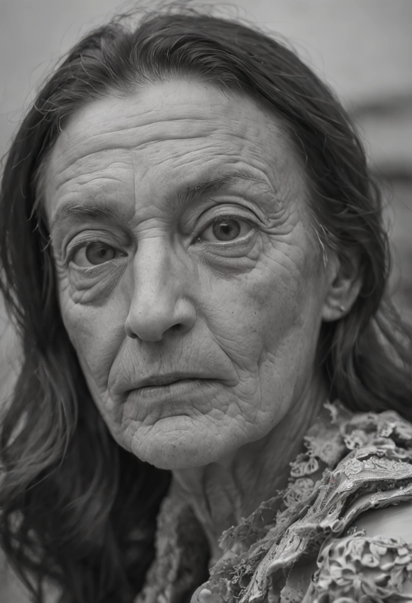 In the vein of Diane Arbus, create an image that encapsulates the torment of the protagonist's struggle. Transport the viewer to a 1940s setting with an old, metallic chamber as the backdrop, illuminated only by a faint, eerie light. Highlight the aged Nordic woman, her anachronistic presence marked by her attire and stature. Capture the desolation in her eyes as she futilely tries to break free from the unyielding chains, her face contorted with anguish, mirroring the complexities of the human condition.