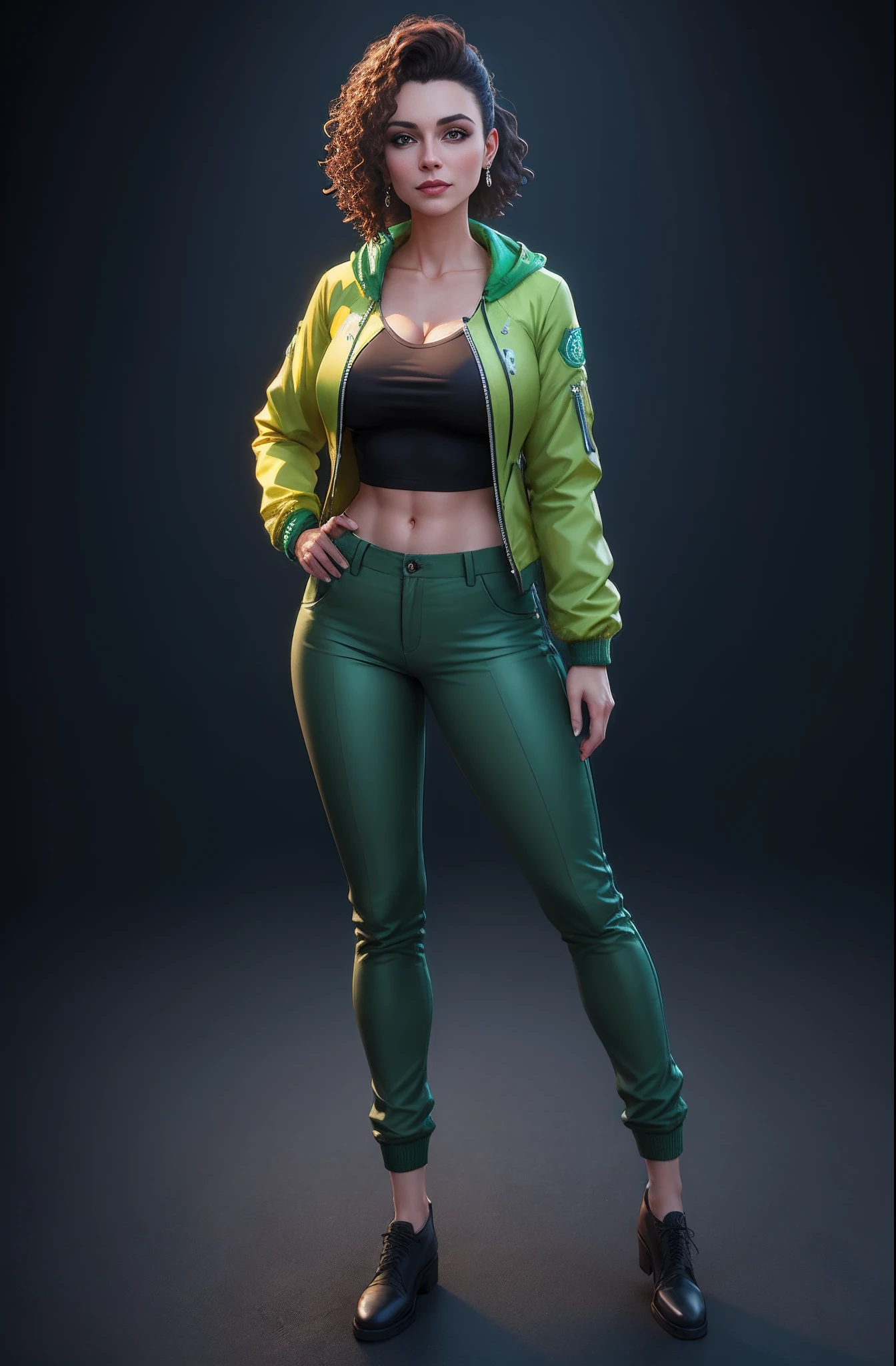 Woman wearing green jacket and pants, standing, posing for photo, 3d render arte do caractere 8 k, retrato de personagem de corpo inteiro, Retrato de corpo inteiro do personagem, retrato de personagem de corpo inteiro, full body render, personagem feminino, arte do personagem feminino humano