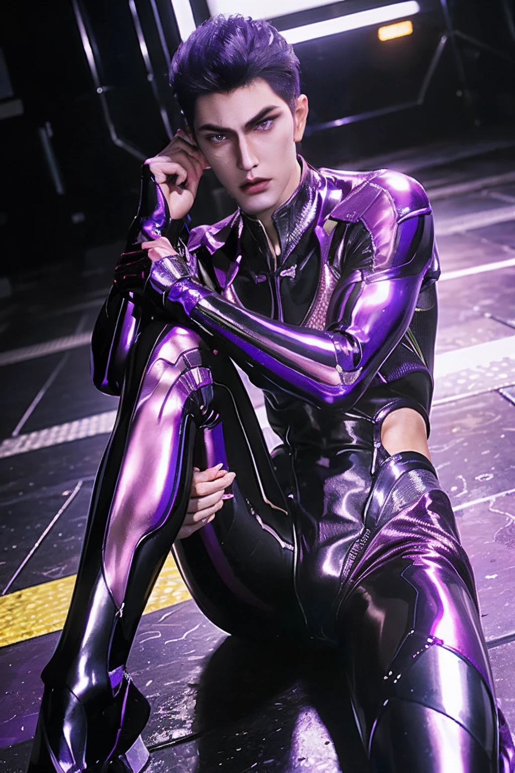A male youth in a shiny purple suit sits on the floor, latex shiny, wearing atsuko kudo latex outfit, wearing tight suit, smooth purple skin, Purple body, shiny metallic glossy skin, shiny plastic, futuristic glossy latex suit, shiny plastic armor, Glossy glossy skin, tight full body suit, Wearing latex, shiny and metallic, glowing purple, Glossy spread their legs M-shaped legs Angry expressions sullenness