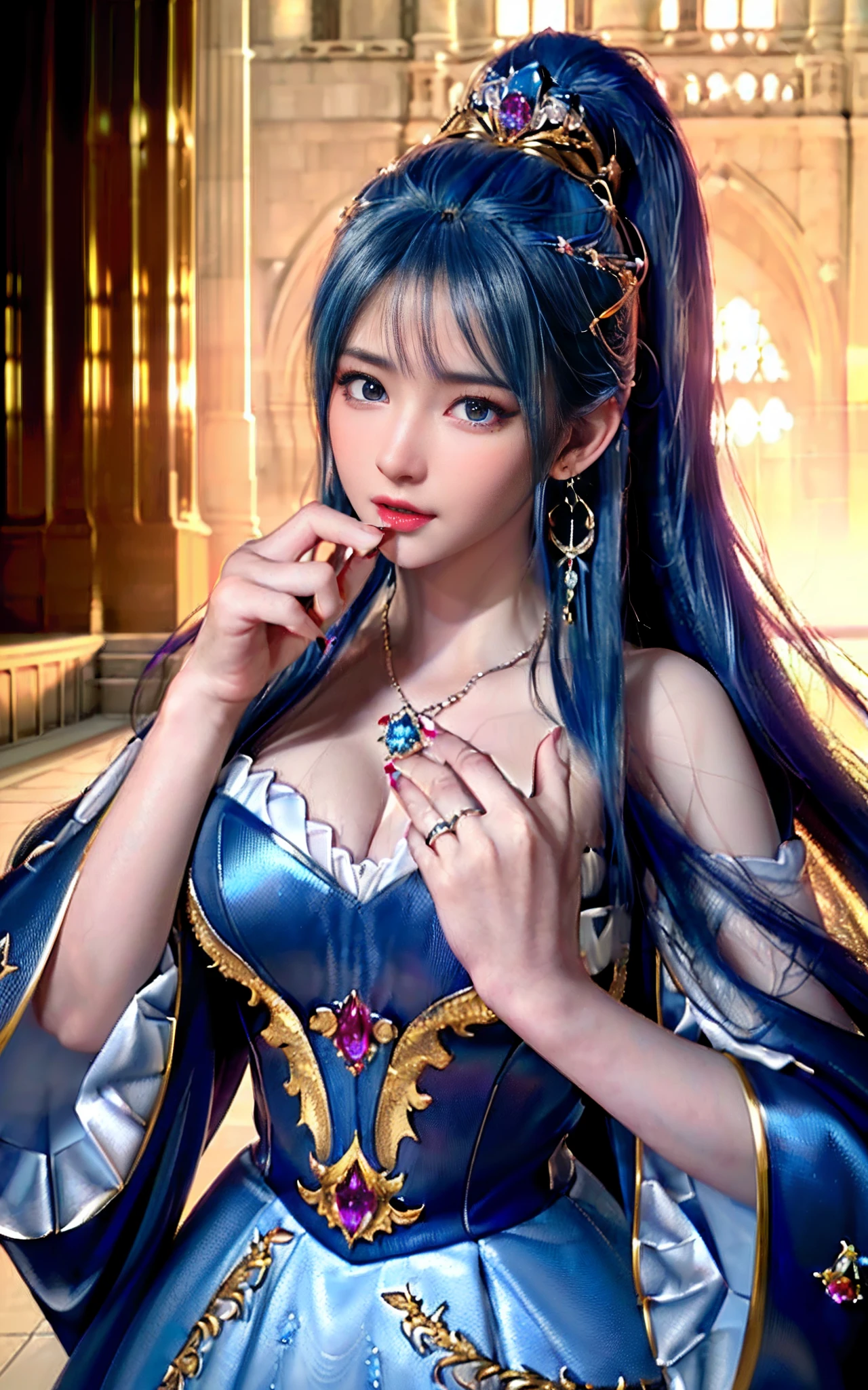 ((realisticity: 1.2)), ((realistic: 8K UHD)), ((best resolution: 8K UHD)), hyper detailed, best quality,masterpiece,highres,cg, ((1 girl hyper detailed and hyper realistic) ) , ((beautiful queen, hyper realistic and hyper detailed)),((white skin, beautiful, smooth, youthful, hyper realistic and hyper detailed )), ((Face hyper beautiful, white, hyper realistic and hyper detailed ) ), long hair, ((hyper realistic and hyper detailed dress)), solo, ((hyper realistic, hyper beautiful, beautiful and hyper detailed jewelry)), ((hyper beautiful deep red and golden yellow dress, hyper realistic and hyper detailed )) , ((Her pretty, hyper realistic, hyper detailed diamond filled earrings)), ((Her gorgeous diamond haircut, hyper realistic and hyper detailed)), ((hyper pretty upper body, hyper beautiful, hyper realistic and hyper detailed) ), ((medium breast: 1.1)), ((hyper realistic, hyper pretty, hyper detailed boobs)), ((the backgroun of the royal palace is hyper majestic, hyper realistic and hyper detailed)),((hands and palms hyper beautiful, hyper detailed, hyper realistic)), ((hyper detailed and hyper realistic fingers and fingernails)), ((hyper pretty fingernails, hyper vivid, hyper detailed, hyper realistic)), ((thumb, index finger, middle finger, ring finger, little finger hyper vivid, hyper pretty, hyper detailed, hyper realistic)), ((hyper beautiful fingers, hyper detailed, and hyper realistic)), ((posture not too fat and not too thin, hyper realistic, hyper detail)), ((hyper pretty, hyper pretty, hyper realistic and hyper detailed hair bun)), ((hyper pretty , hyper realistic and hyper detailed blue hair)), candid, Photo, high resolution, 8k , bokeh,