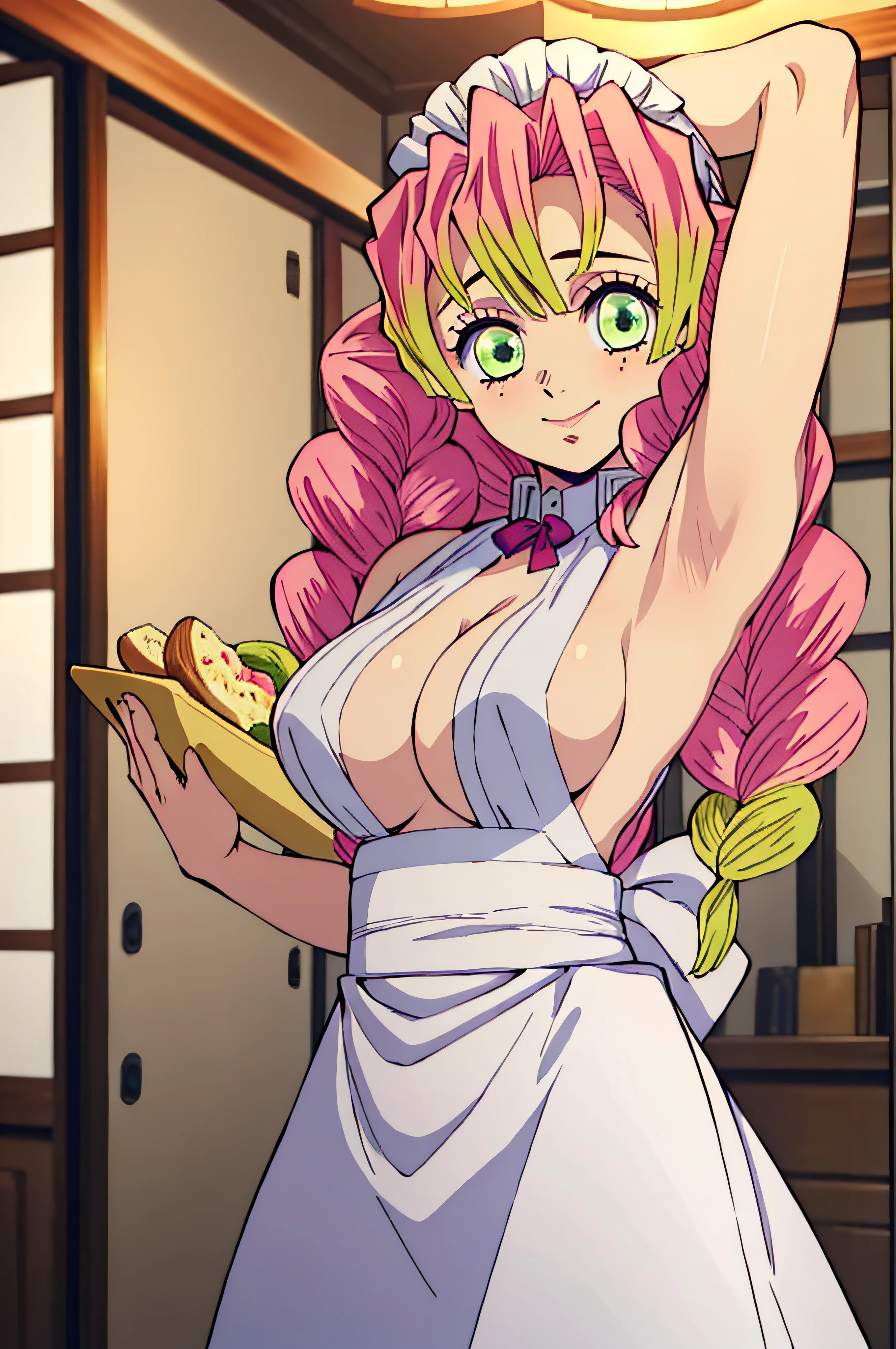 (masterpiece, Better Quality), 1girl in, Mitsurikan Logi, dazzling, smil, Breast, Armpits, maid, food, servant,