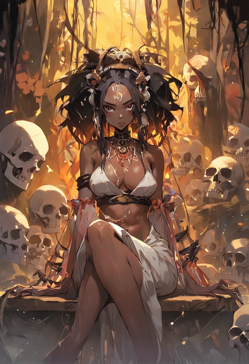 ((masterpiece:1.4, best quality:1.2)), a voodoo priestess, swamp, dreadlocks, skulls, artwork portrait, adam hughes, sexy, erotic.