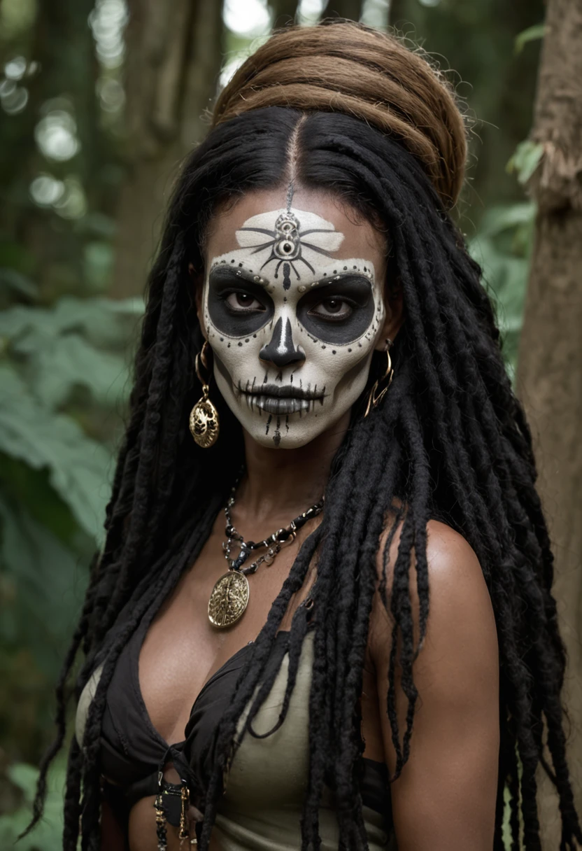 ((masterpiece:1.4, best quality:1.2)), a voodoo priestess, swamp, dreadlocks, skulls, artwork portrait, adam hughes, sexy, erotic.