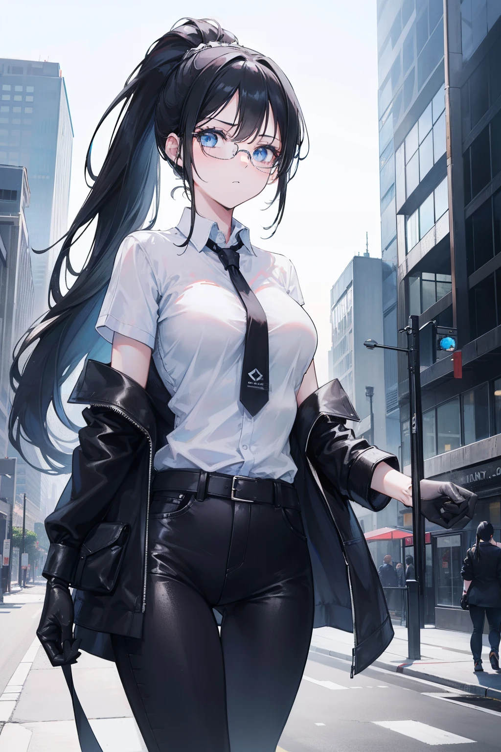1girl, ponytail long black hair, blue eyes, wearing womens shirt, skinny jean black womens, rectangle glasses, wearing white lab coat, holding, city, tie business casual, black leather dress gloves, absurdres, high res, ultrasharp, 8K, masterpiece, looking at viewer