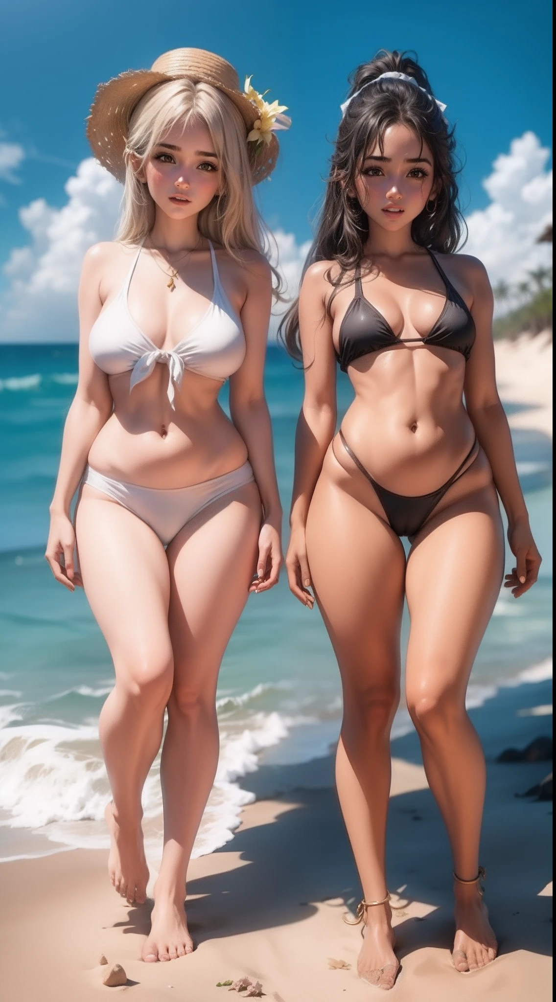 mulheres jovens,dupla,pele branca,roupas de banho,praia de areia,alta qualidade de imagem,25 anos, cameltoe