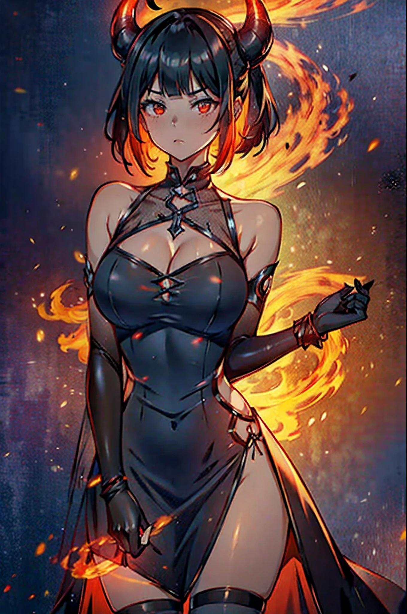 1 girl, demon girl, solo, black hair, short straight hair, gloves, bun updo, side bangs, long horns, ultra detailed red and black eyes, slit_pupils, very large breasts, gothic dress,ultra detailed sleeveless gothic dress, light gothic dress, skirtless gothic dress, glowing flames surrounding the girl, inner room of the cathedral is on fire, exuding flames from eyes, dim lighting, warm colours, hat with veil, beautiful pose, serious expression, leaning over