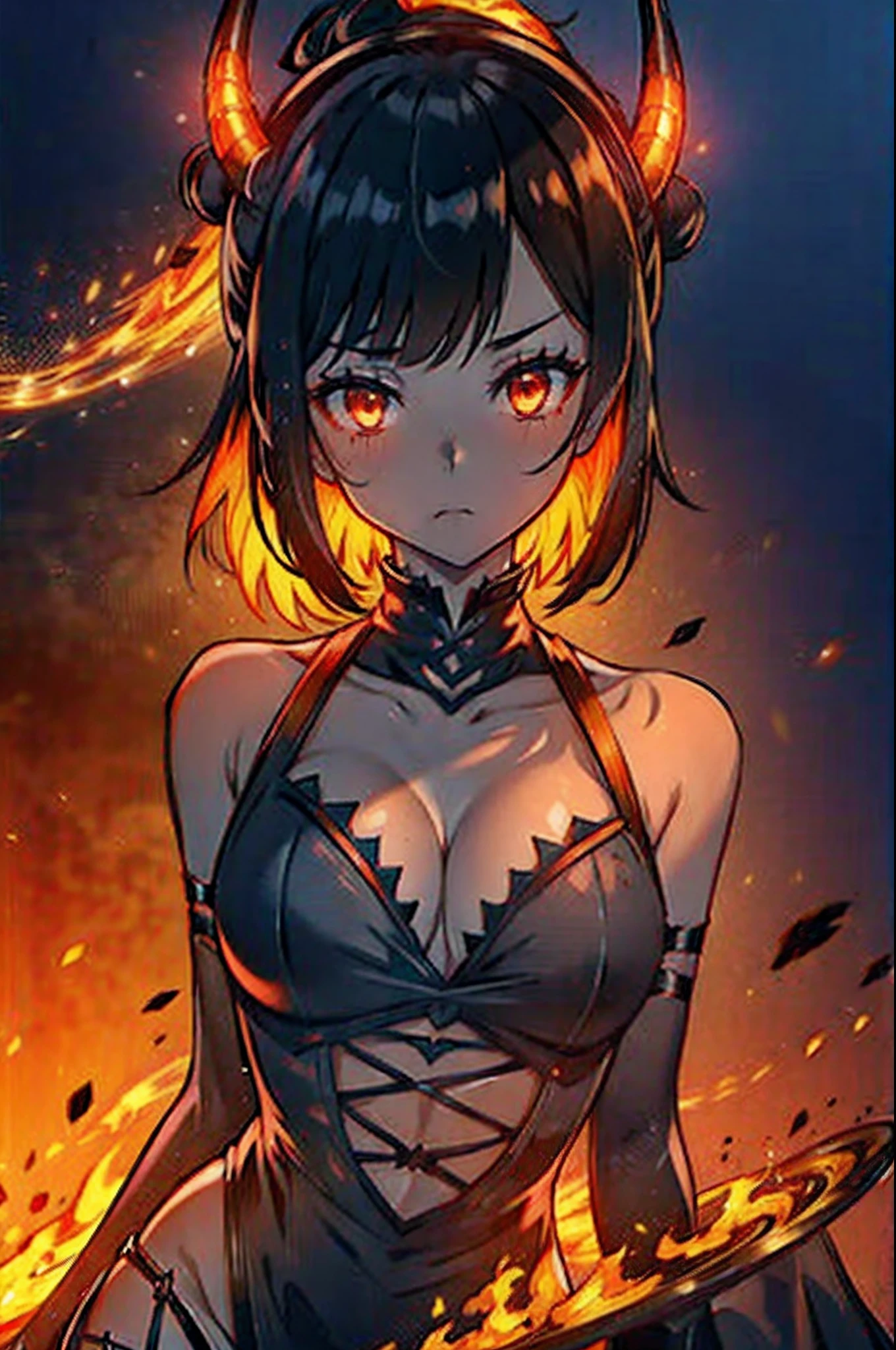 1 girl, demon girl, solo, black hair, short straight hair, gloves, bun updo, side bangs, long horns, ultra detailed red and black eyes, slit_pupils, very large breasts, gothic dress,ultra detailed sleeveless gothic dress, light gothic dress, skirtless gothic dress, glowing flames surrounding the girl, inner room of the cathedral is on fire, exuding flames from eyes, dim lighting, warm colours, hat with veil, beautiful pose, serious expression, leaning over