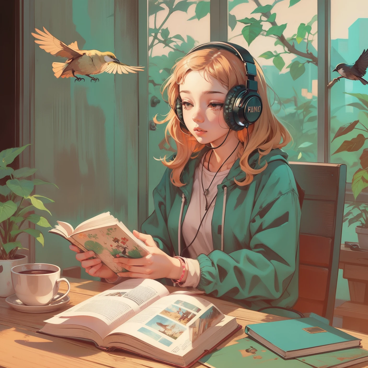 1woman, solo, sitting at a table with headphones, a book and a bird, lofi girl, lofi art, lofi art style, lofi feel, lofi portrait, lofi colors, lofi, lo-fi art, lofi vibes, lofi vibe, lofi hip hop, satoshi kon artstyle, lofi girl aesthetic