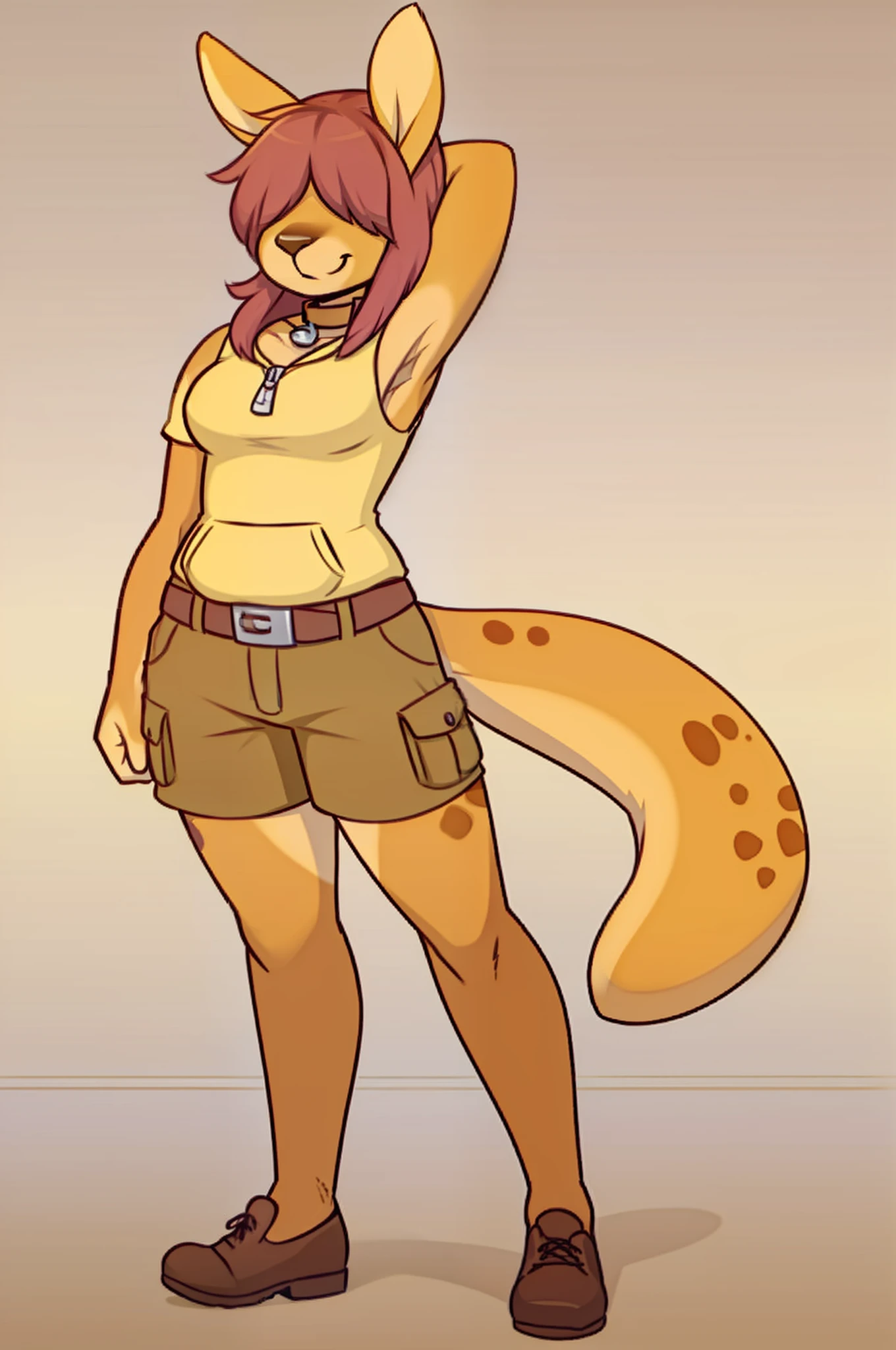 portrait of a (((feminine))), perfect lighting, posted on e621, (by kyrosh, by tyroo, by foxinuhhbox, by hladilnik), furry, anthro, furry art, ((portrait)), Female kangaroo, kangaroo, (two-toned fur), yellow fur, white fur on bell, hyena spots,brown mottled upper legs, white breast, brown mottled elbows, brown spots on elbows,armpit hair, armpit brown hair, brown spots on upper legs, brown markings on hips, brown markings on elbows, brown markings on upper legs, furry body, fur on body, brown legs from foot to knee, body fur, animal nose, kangaroo nose, yellow muzzle, kangaroo ears, kangaroo pouch on belly, detaled face, detaled snout, andromorph, fit body, long legs, perfect masculine body, tomboy, slitly muscilar, detailed fur, hairy belly, detailed face, masculine face, Tall, long brown hair, messy hair, hair over face, long purple bangs over eyes, two colored hair, purple bangs, no visible eyes, purple bangs covering eyes, brown curly hair, brown mullet, Wide hips, big legs, B cup breasts, kangaroo tail, black ended tail, detail kangaroo tail, long tail, little fluff on tail, wear dark olive one-piece zippered jumsuit, cargo shorts, dog collar, zipper, Workwear, cargo clothes, tool belt, belt, work shues, black shoes