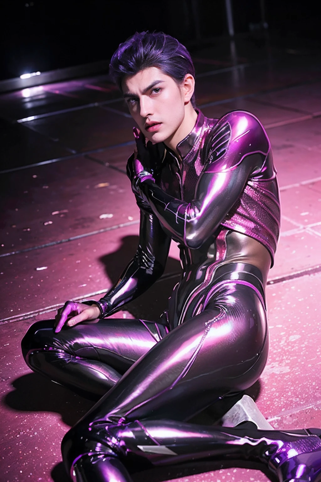 A male youth in a shiny purple suit sits on the floor, latex shiny, wearing atsuko kudo latex outfit, wearing tight suit, smooth purple skin, Purple body, shiny metallic glossy skin, shiny plastic, futuristic glossy latex suit, shiny plastic armor, Glossy glossy skin, tight full body suit, Wearing latex, shiny and metallic, glowing purple, Glossy spread their legs M-shaped legs Angry expressions sullenness