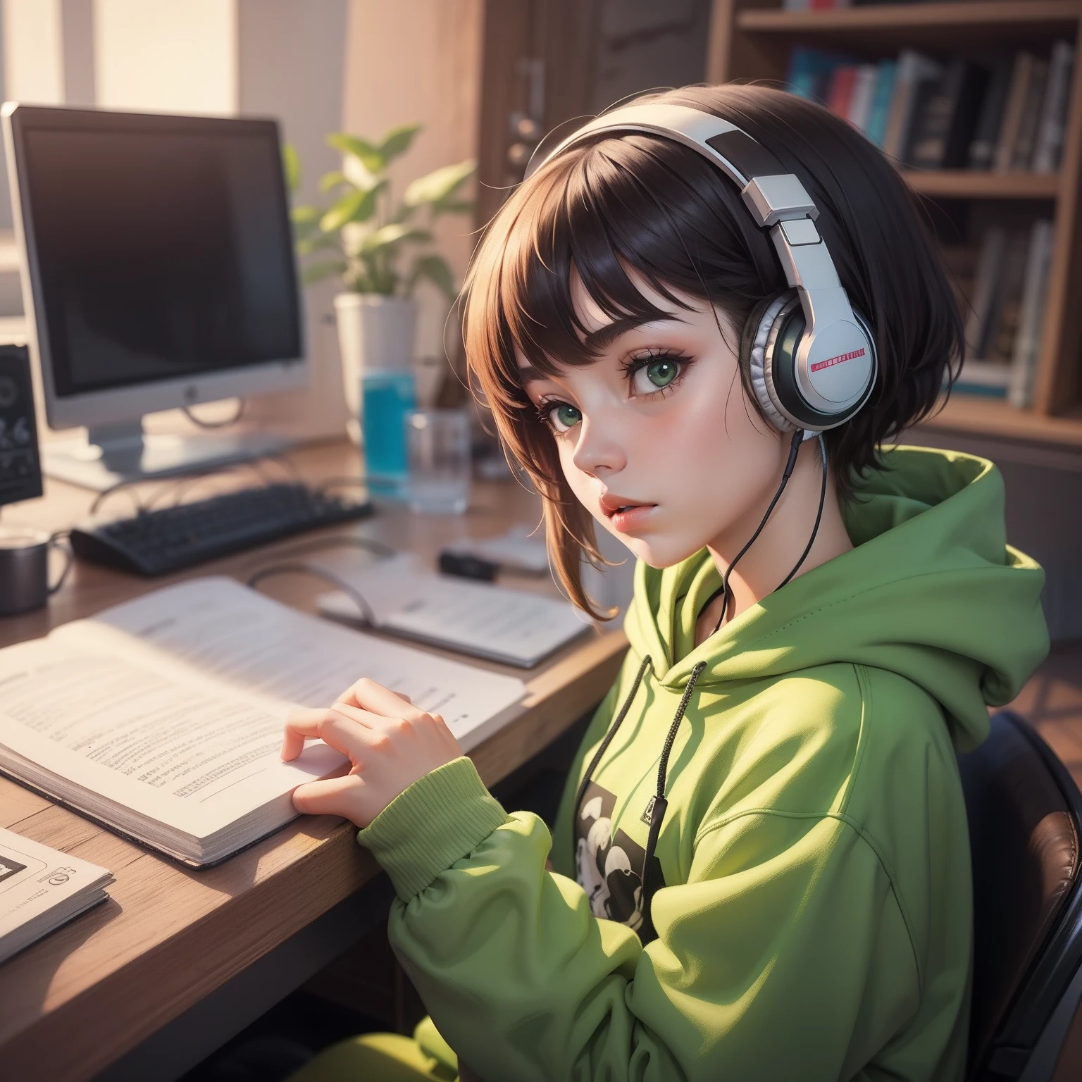 1girl, solo, sitting at a table with headphones, wearing a green hoodies , a book and a bird, lofi girl, lofi art, lofi art style, lofi feel, lofi portrait, lofi colors, lofi, lo-fi art, lofi vibes, lofi vibe, lofi hip hop, satoshi kon artstyle, lofi girl aesthetic,8k