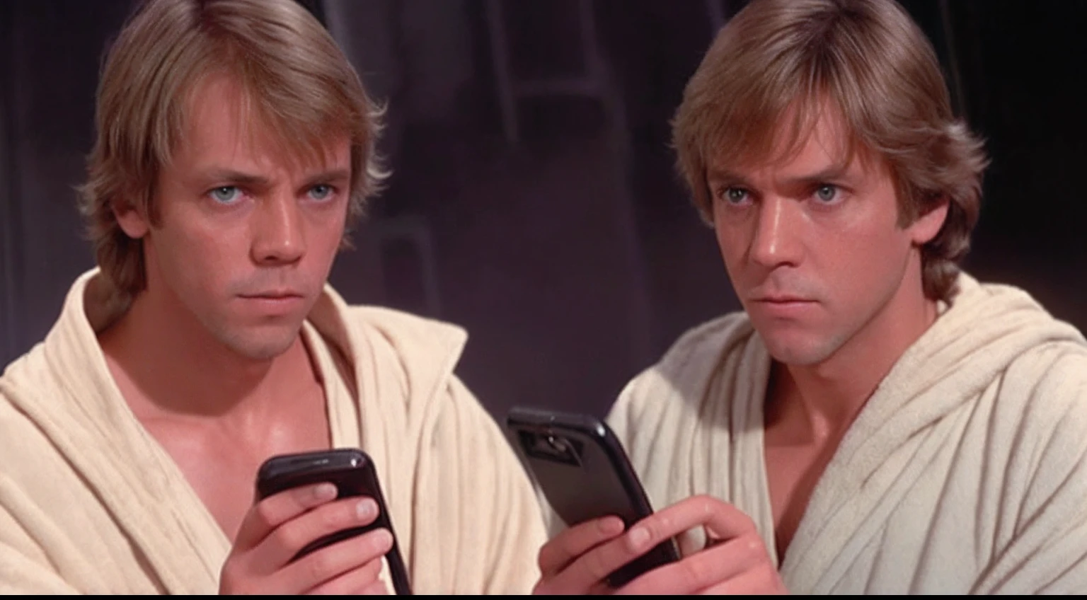 a close up of a person in a robe looking at a cell phone, film still of luke skywalker, luke skywalker, movie screenshot from star wars, star wars a new hope 1977, still from star wars (1977), from star wars (1977), still from star wars, mark hamill, scene from star wars 1977