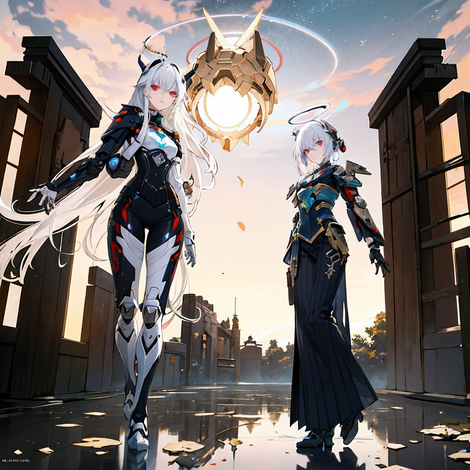 masterpiece,best quality,ultra-detailed,very detailed illustrations,extremely detailed,intricate details,highres,super complex details,extremely detailed 8k cg wallpaper,cowboy shot, caustics,reflection,ray tracing,demontheme,nebula,dark aura,cyber effect, (1girl:1.4),solo,alone,mecha musume,mechanical parts, robot joints,single mechanical arm, headgear, mechanical halo,star halo,intricate mechanical bodysuit, mecha corset, kimono, full armor, very long hair,white hair, hair between eyes, multicolored hair, colored inner hair, red eyes,glowing eye,eye trail, random expressions,random action, ancient japanese architecture,pond, starry sky,skyline,