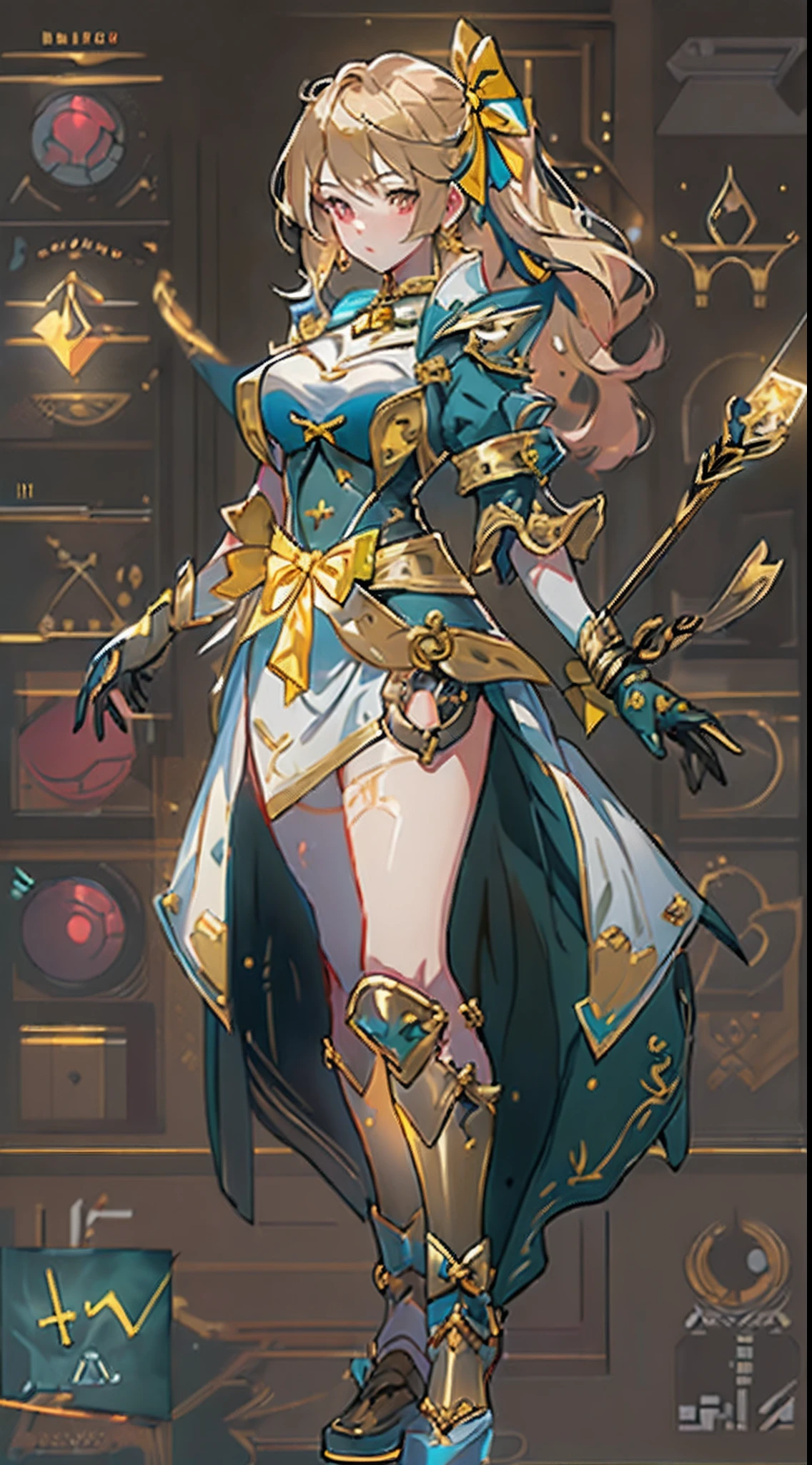 Design a layout showcase Gaming character, (1girl). Golden+Purle clothes, stylish and unique, ((detailed magic bow:1.4)), (masterpiece:1.2), (best quality), 4k, ultra-detailed, (Step by step design, layout art:1.5), (luminous lighting, atmospheric lighting), Final Fantasy style, magican, ((glove full hands)), fran, viera, (((revealing clothes:1.3))), vambraces, armored legwear, (((full_body_shot:1.4))), Niji