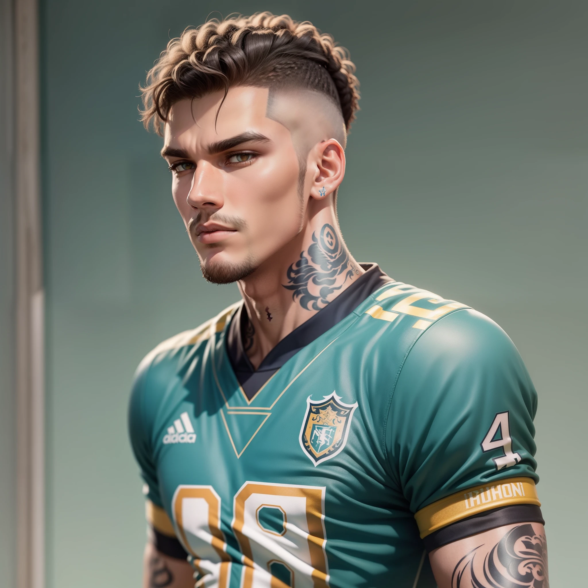 a Man, similar to Ederson Santana, football, with (goalkeeper uniform) with tattoo on his neck