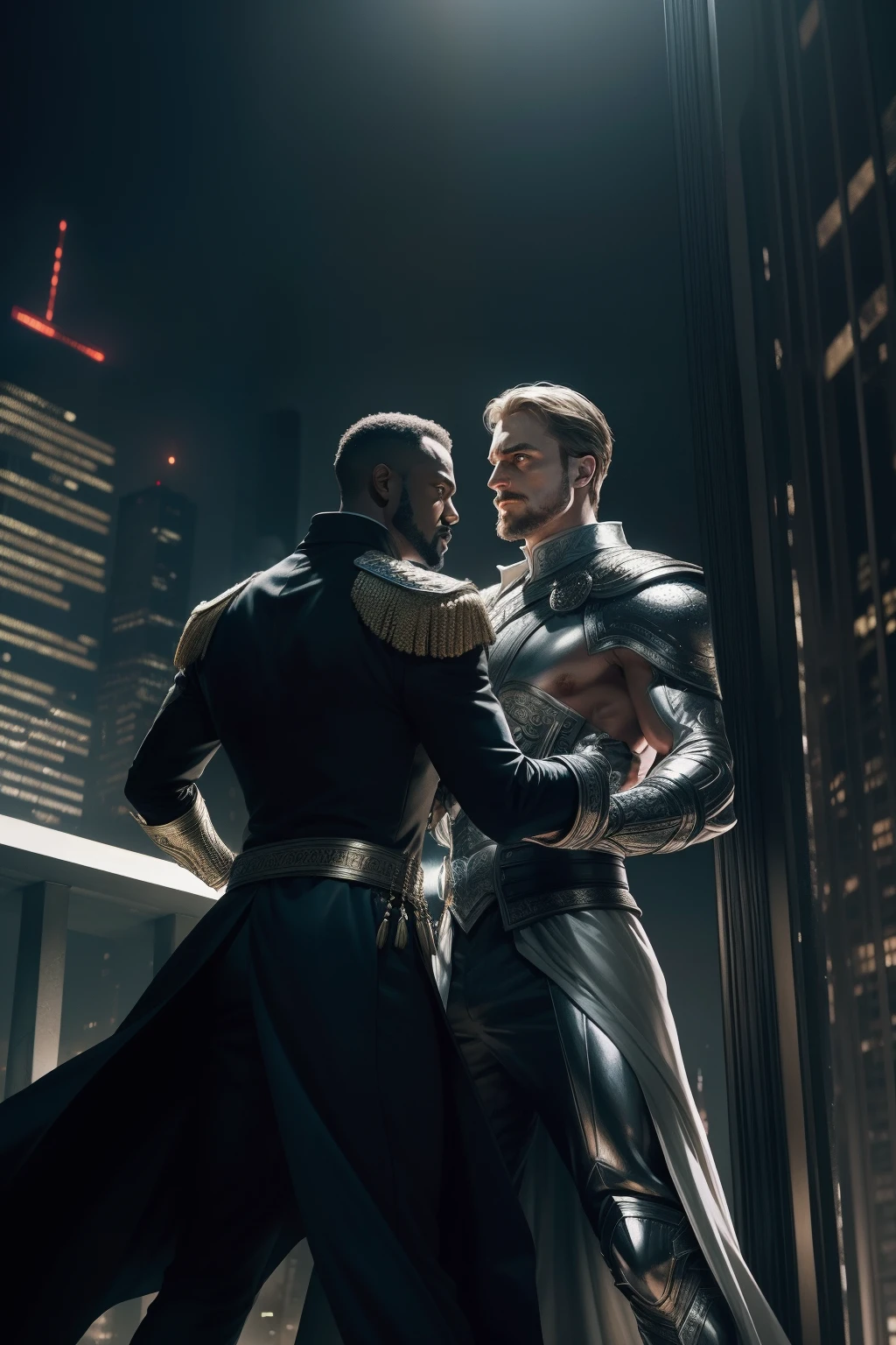 Shakespeare (a handsome intelligent white man) and Othello (a brutal man) in the sky above the city, as superheroes in expensive suits are ready to fight.
   ,acrylic painting, dynamic pose,  silver black,  cinematic,highly details , dark background glow, 4k,movie quality rendering