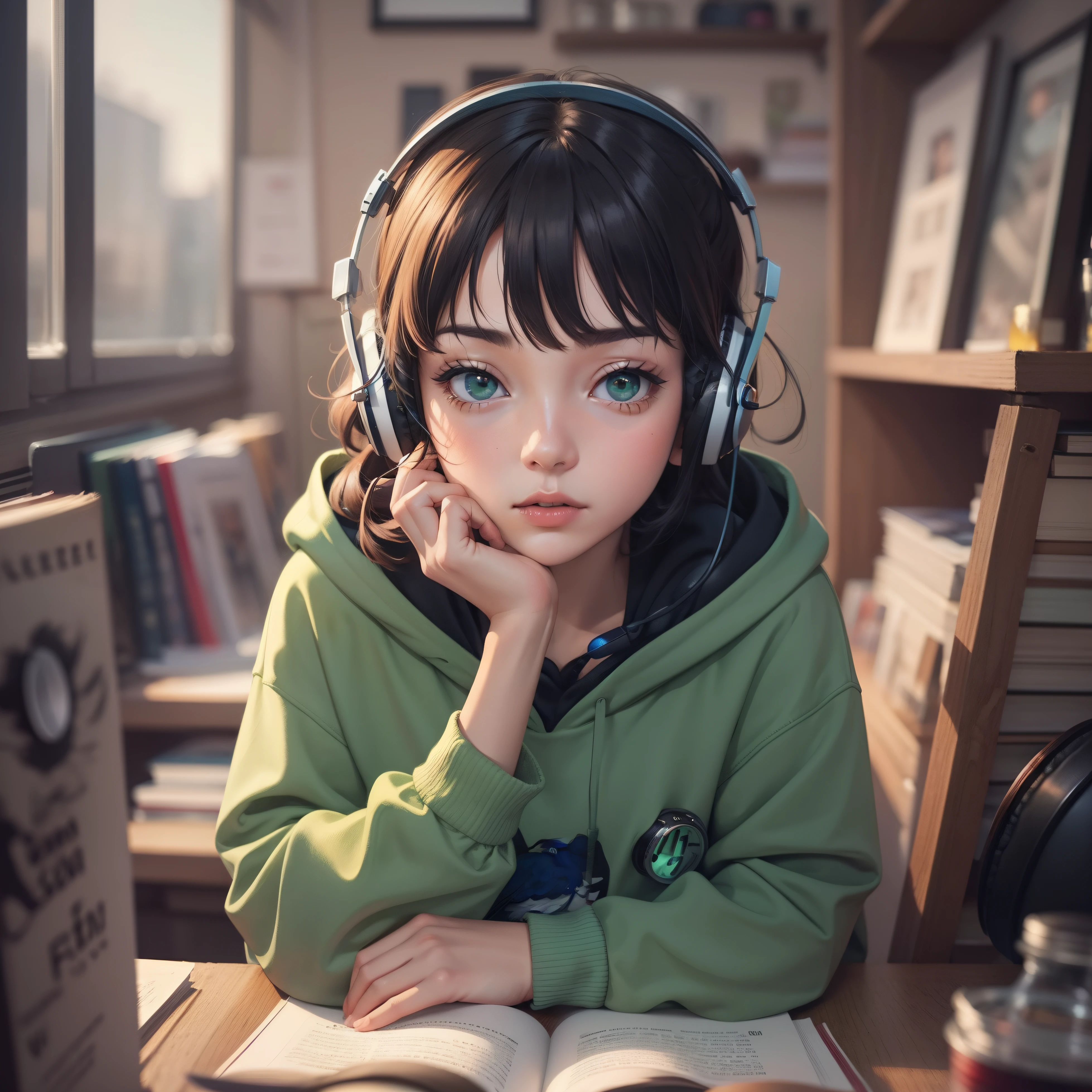 1girl, solo, sitting at a table with headphones, wearing a green hoodies , a book and a bird, lofi girl, lofi art, lofi art style, lofi feel, lofi portrait, lofi colors, lofi, lo-fi art, lofi vibes, lofi vibe, lofi hip hop, satoshi kon artstyle, lofi girl aesthetic,8k
