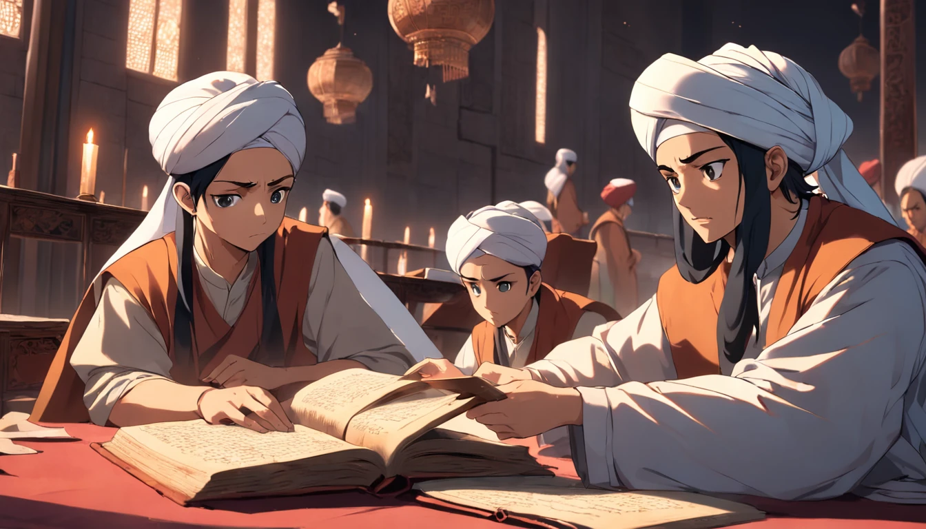 "Scholars wearing turbans and studying ancient texts."
