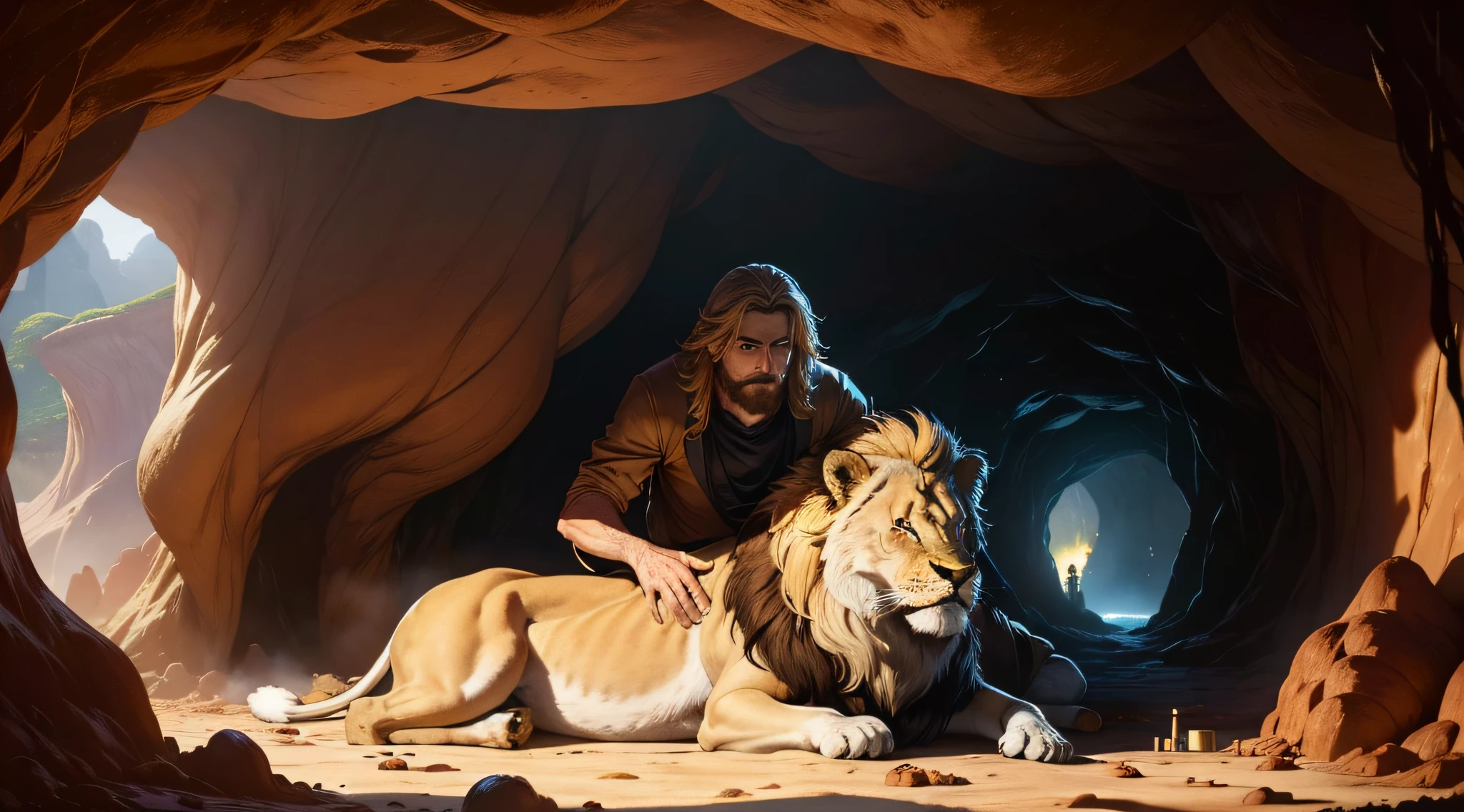 (((um Homem em uma caverna))) with a lion lying next to him, historia de fundo: Daniel in the Lion's Den, Biblical Theme, Bible, STORIES, Realistic, cinemactic, 8k