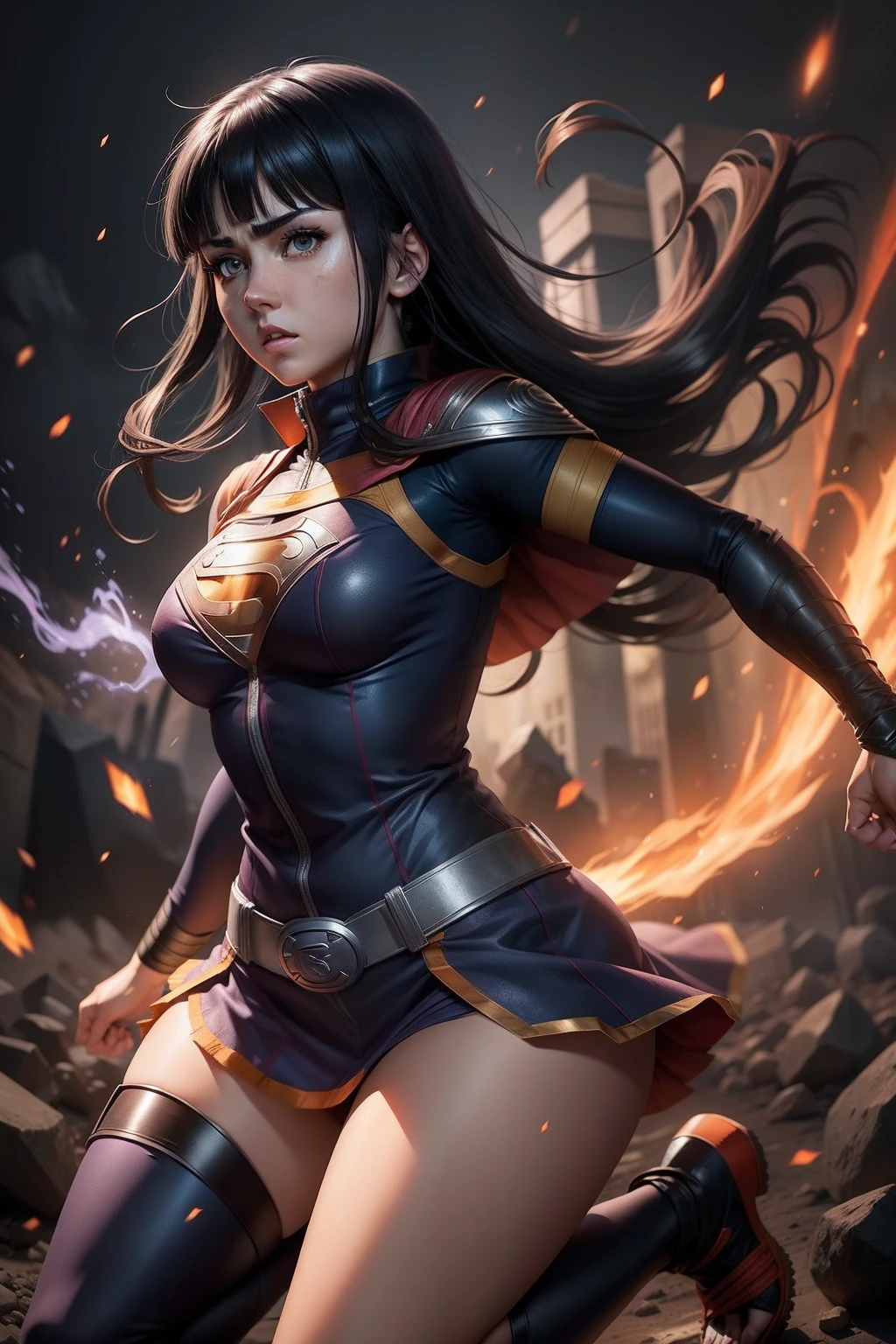 hinata hyuga (naruto) x supergirl, solo, full body, perfect body, detailed, realistic, female, anger power effect, perfect lighting, perfect shadow, hinata hyuga (naruto) x supergirl,