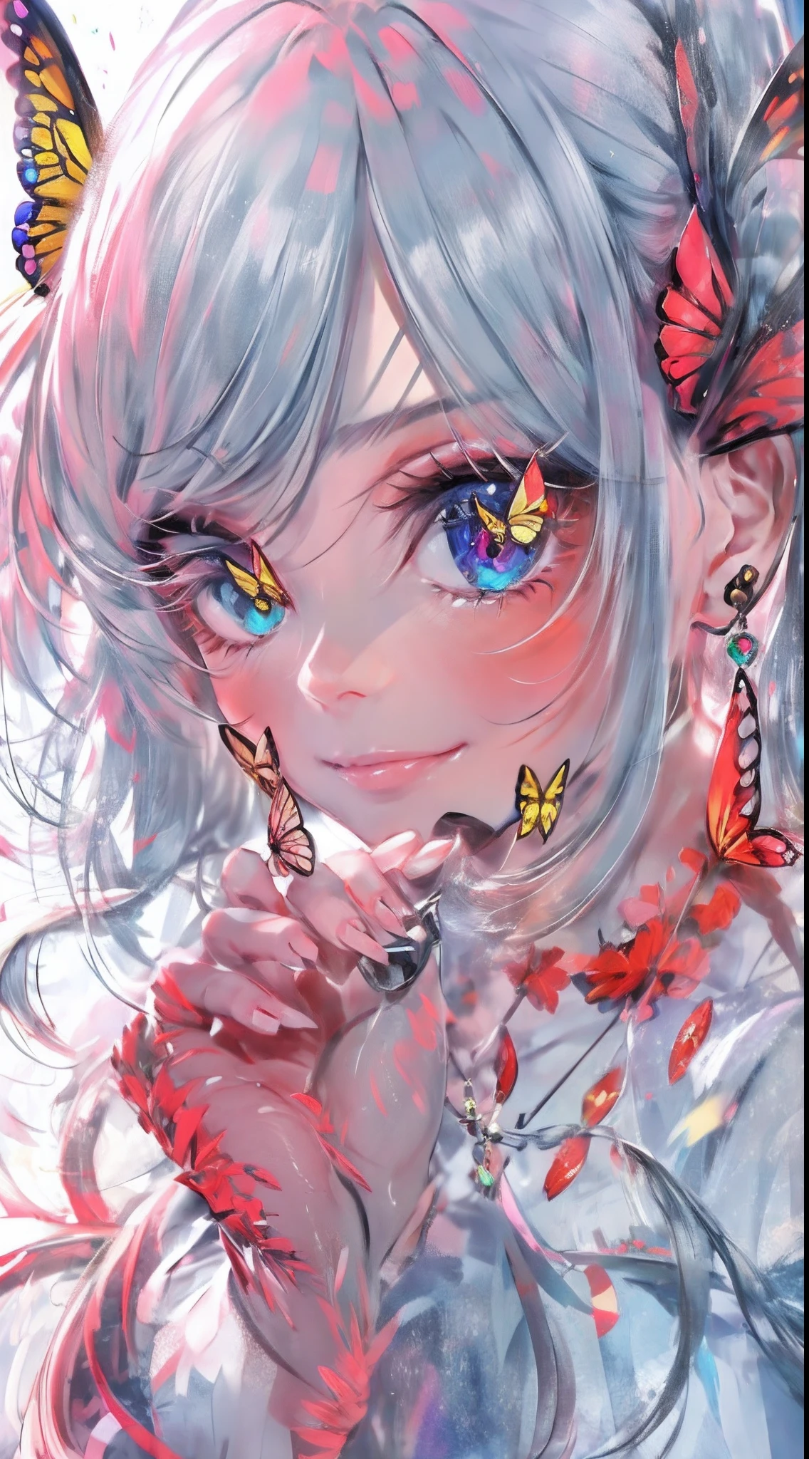 Garden covered with red roses in the background, Silver hair, front ponytail, eyes reflection, red contact lenses, Pink eyes,Heterochromia, Wear earrings, Blue crystal pendant,Evil smile, shairband,High detail, romanticism lain, Depth of field, Sparkle, Ray tracing, viewfinder, zoom layer, Close-up, Bokeh, Anatomically correct, High details, 1080p, Ultra HD
Woman,High ponytail,a sailor suit,Half out of the water,Get wet,Clothing water pattern detail,The expression is solemn,holding knives,Shiny blade detail depiction,reflective light,
Gorgeous and delicate glowing little butterfly hair ornament,brilliant colorful,Fine engraving,Shine brightly,The attention to detail,The jewelry is of high quality,Extremely high image quality