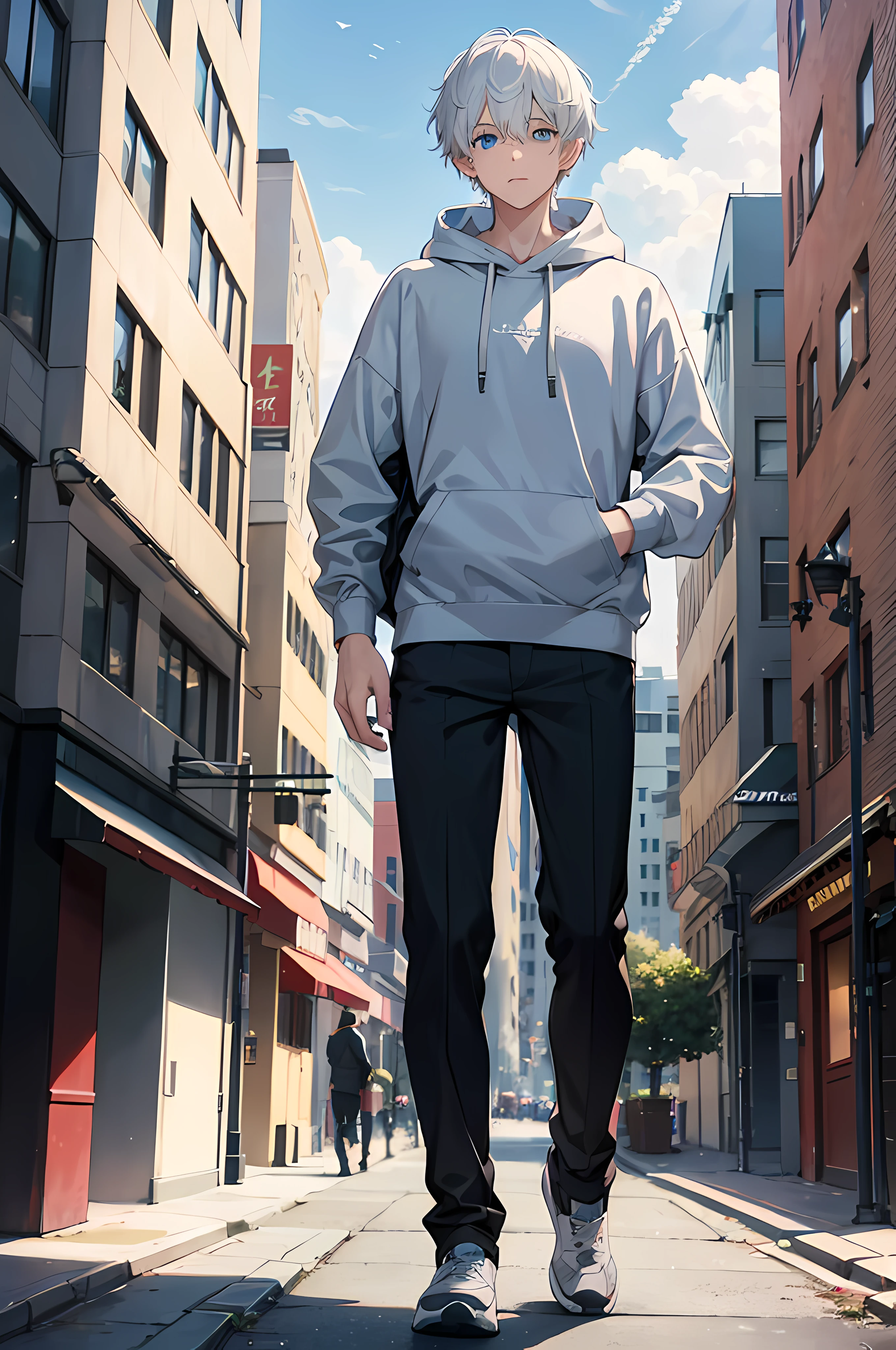 Anime guy in a hoodie walking down a city street - SeaArt AI